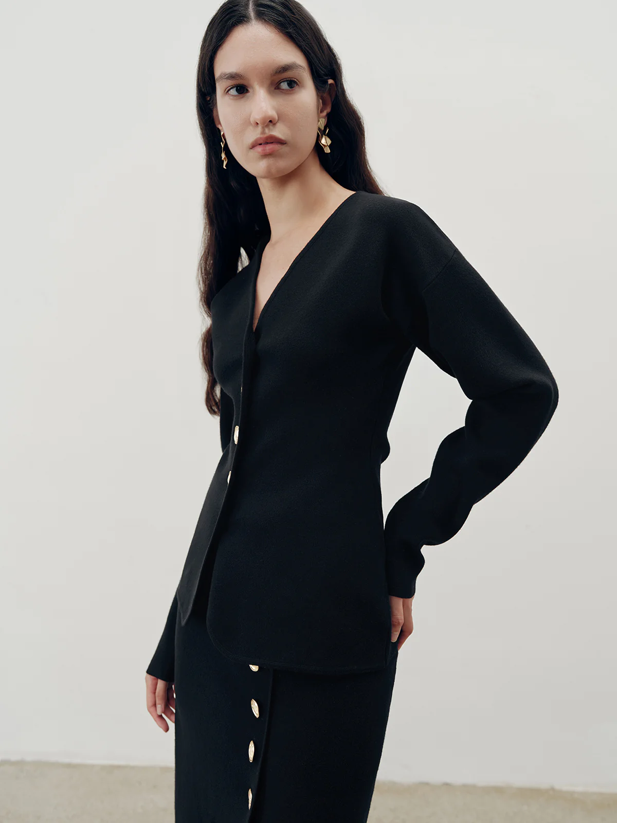 Metal Button V-Neck Cardigan - Wholesalesil