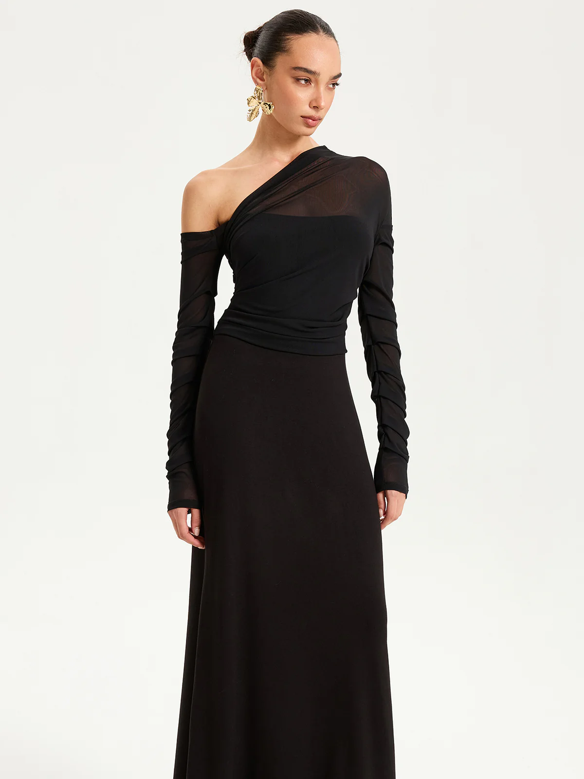 One-Shoulder Sheer Ruched Long Sleeve Maxi Dress - Wholesalesil
