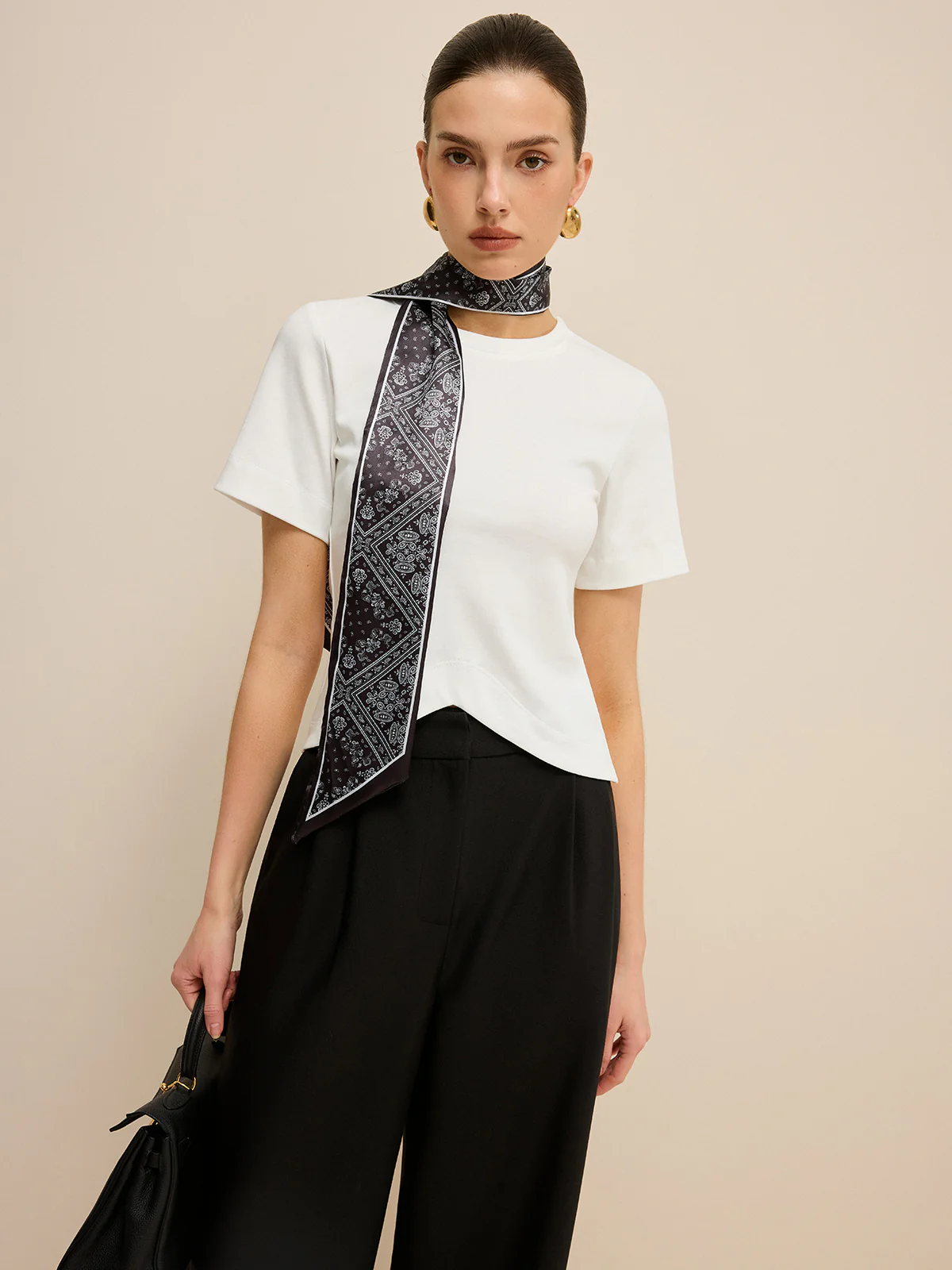 Irregular Hem T-Shirt with Silk Scarf - Wholesalesil