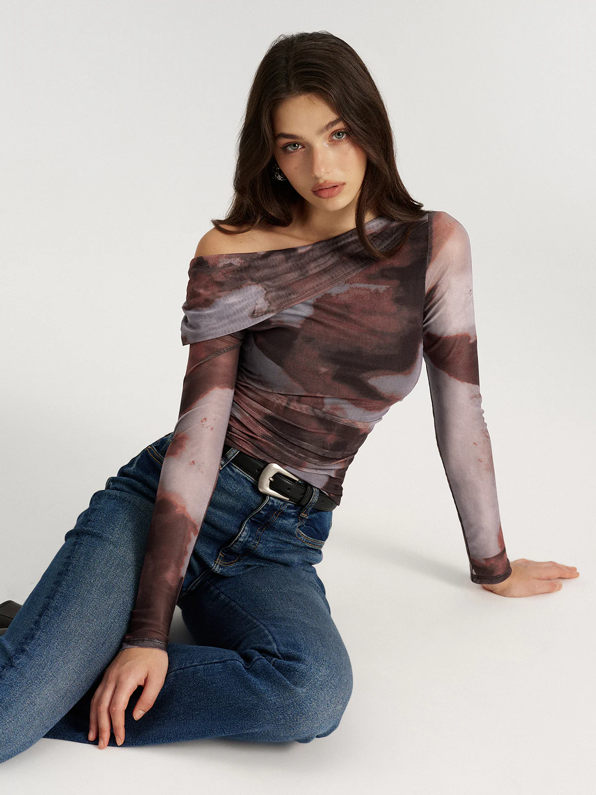 One Shoulder Abstract Print Mesh Ruched Top - Wholesalesil