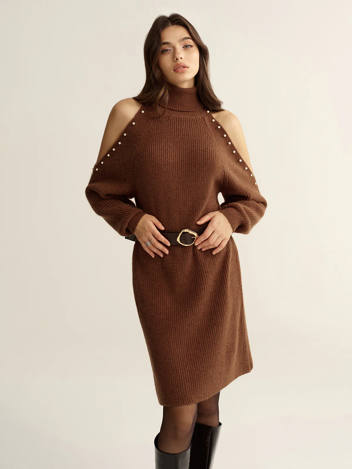 Belted Cold-Shoulder Turtleneck Knit Dress - Wholesalesil