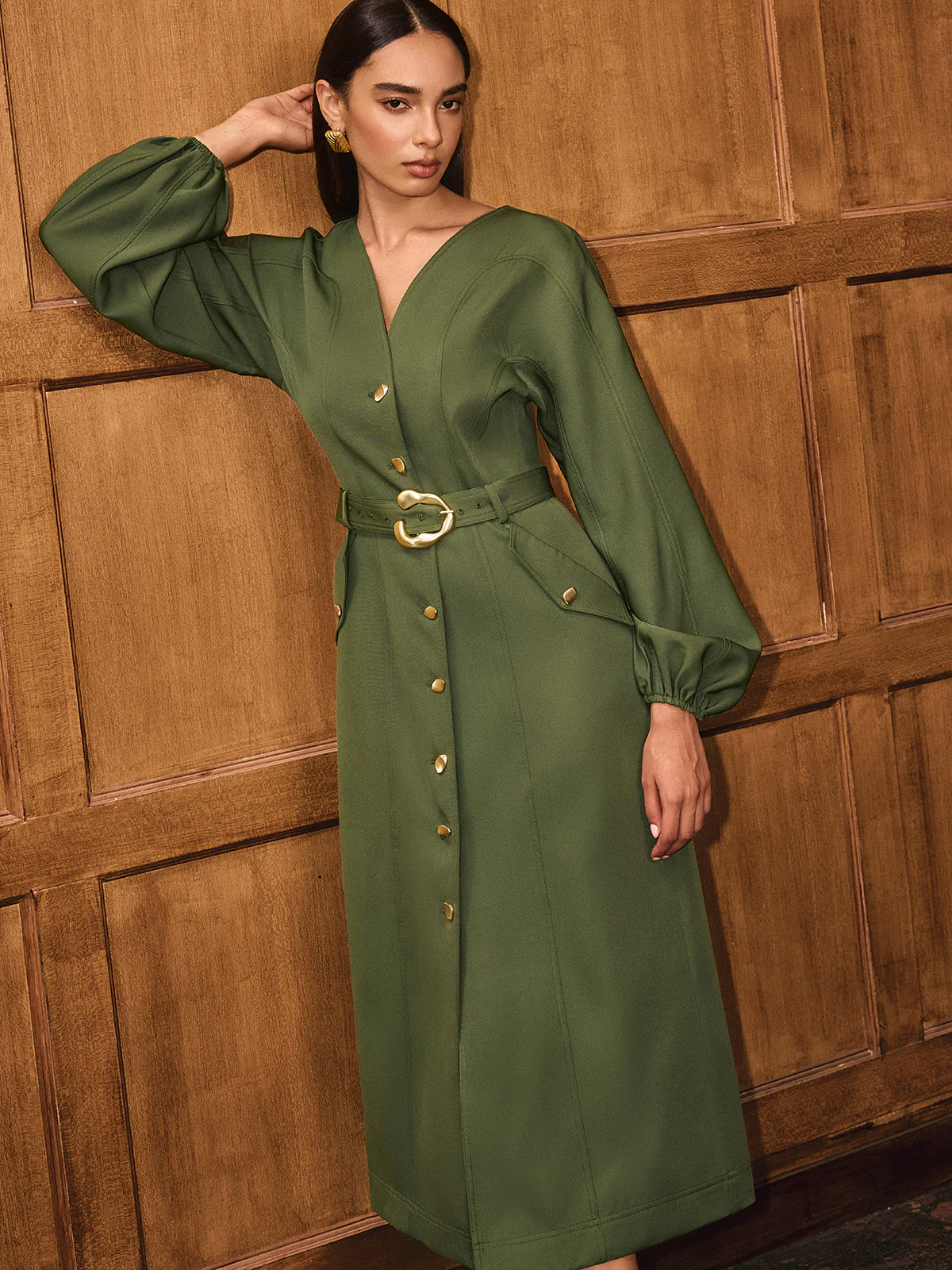 V-Neck Balloon Sleeve Belted Button-Front Dress - Wholesalesil