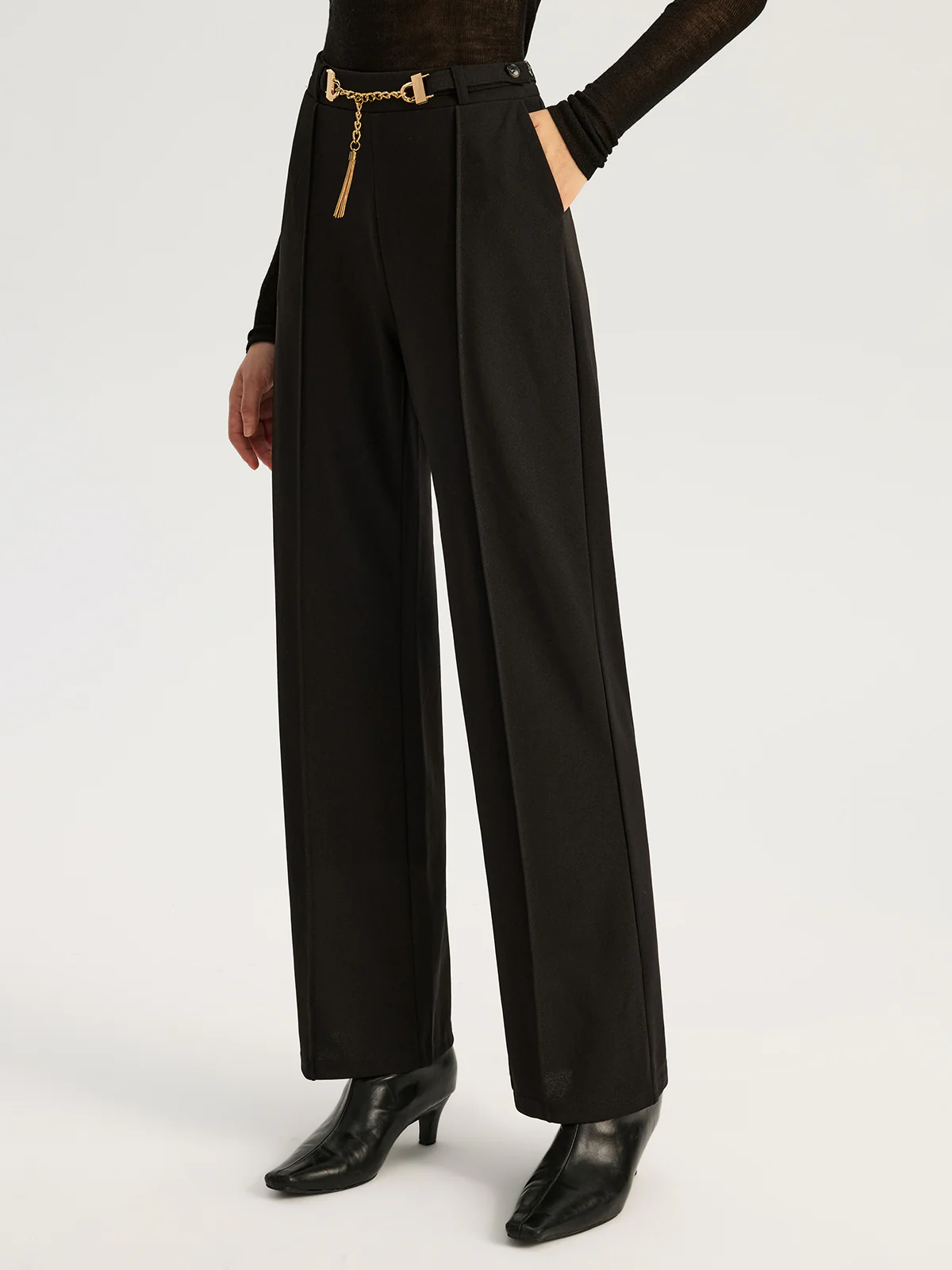 Straight-Leg Pants with Metal Chain Belt - Wholesalesil