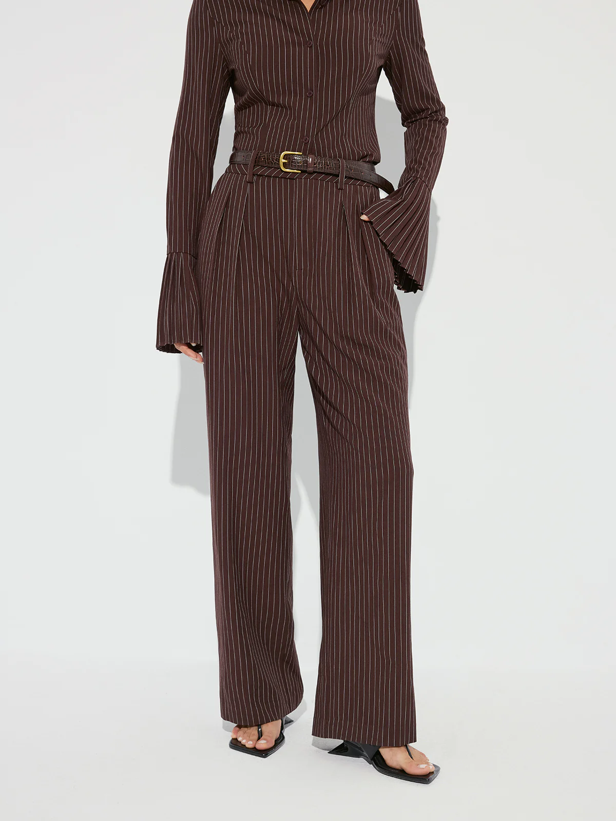 Striped Pleated Wide-Leg Pants without Belt - Wholesalesil