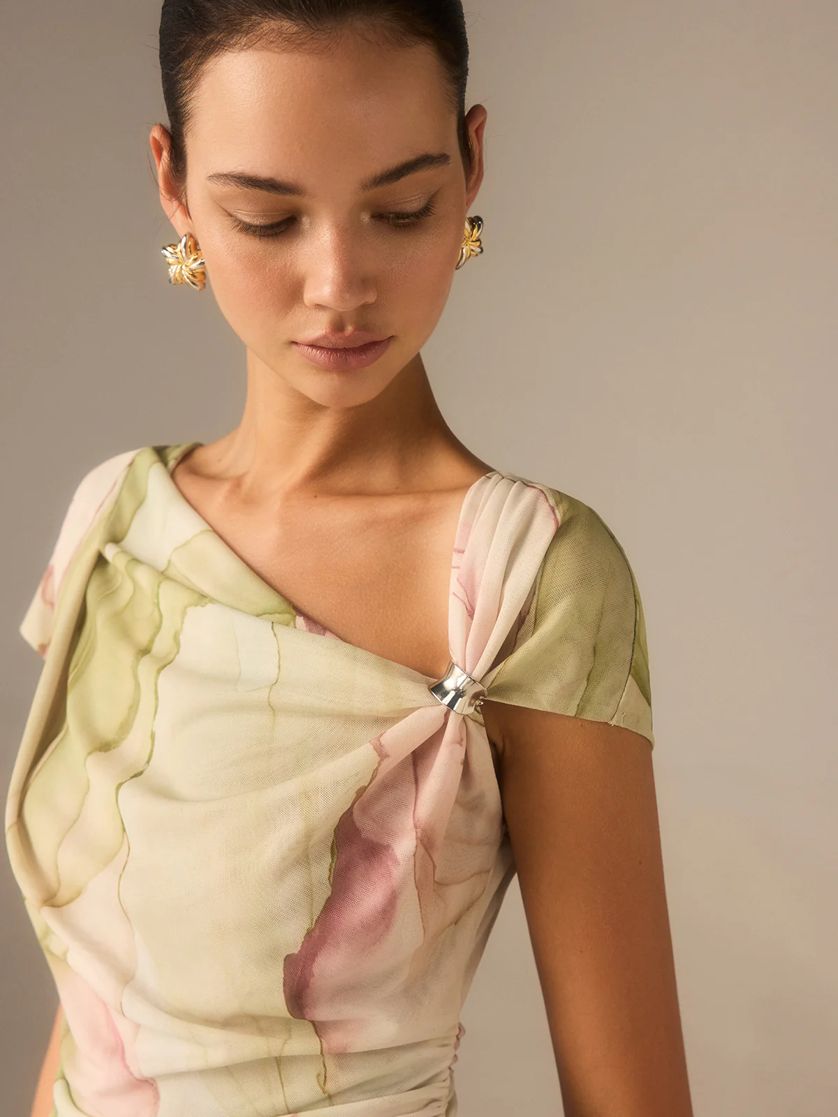 Print Asymmetric Neckline  Top - Wholesalesil