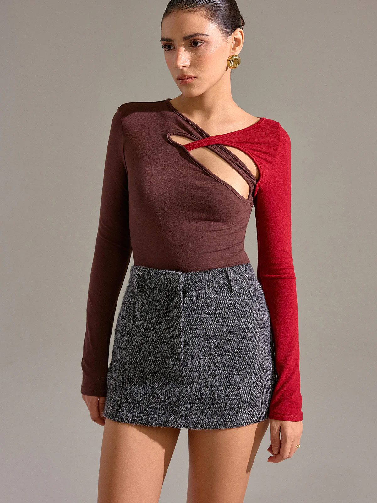 Asymmetric Two-Tone Cut-Out Long Sleeve Blouse - Wholesalesil