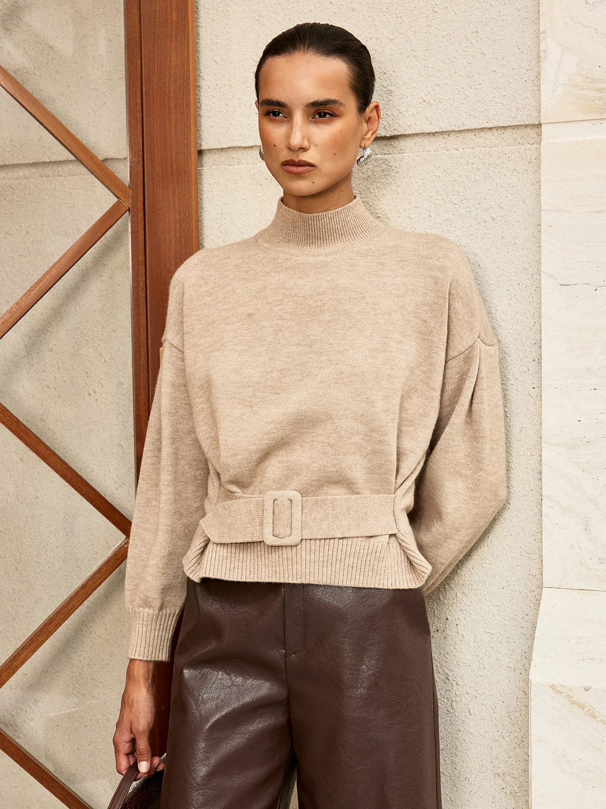 Wool Blend Mock Neck Belted Sweater - Wholesalesil
