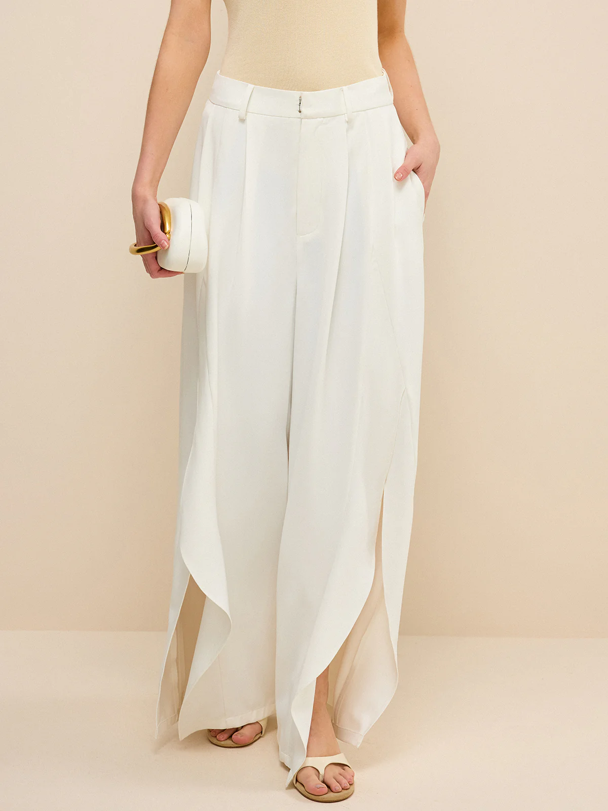 Mid-Waisted Wide-Leg Pants with Side Slits - Wholesalesil