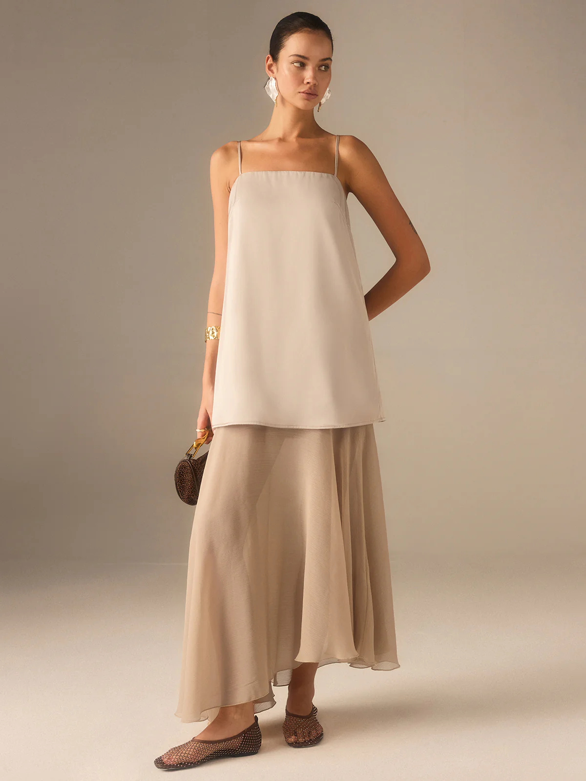 2 in 1 Semi-Sheer Chiffon Cami Maxi Dress - Wholesalesil