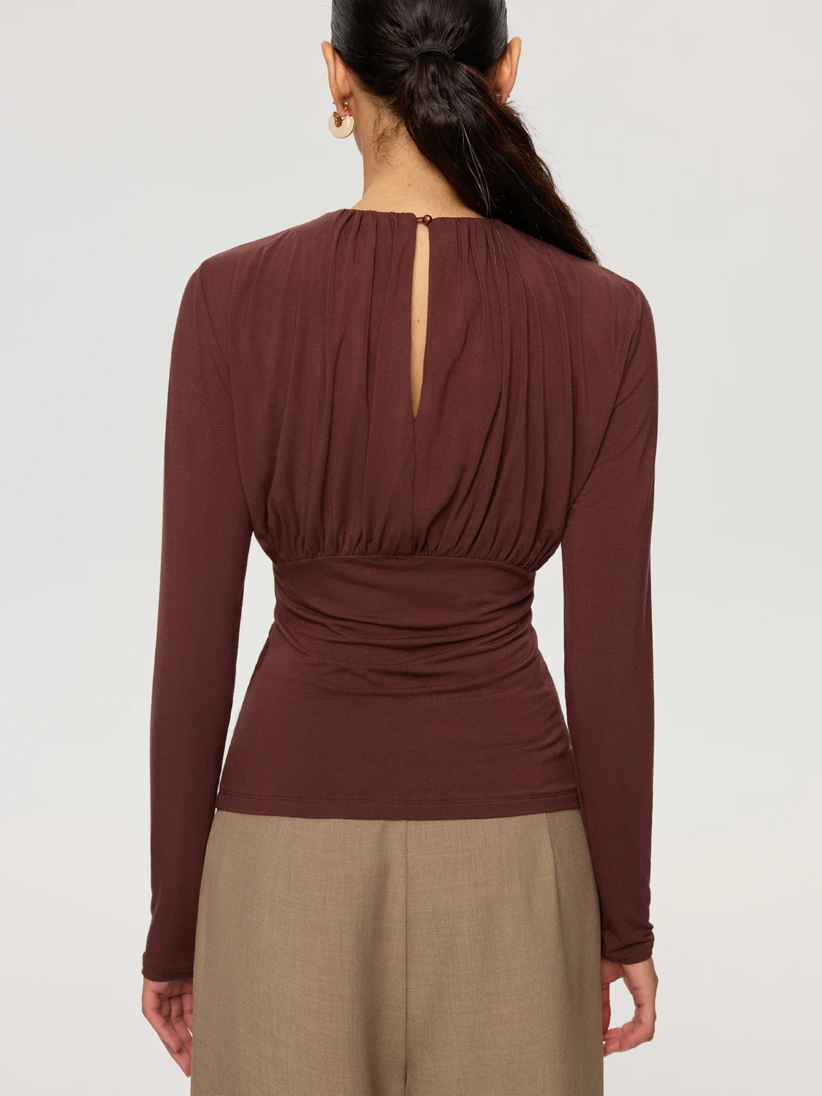 Ruched Long Sleeve Round Neck Knit Blouse - Wholesalesil