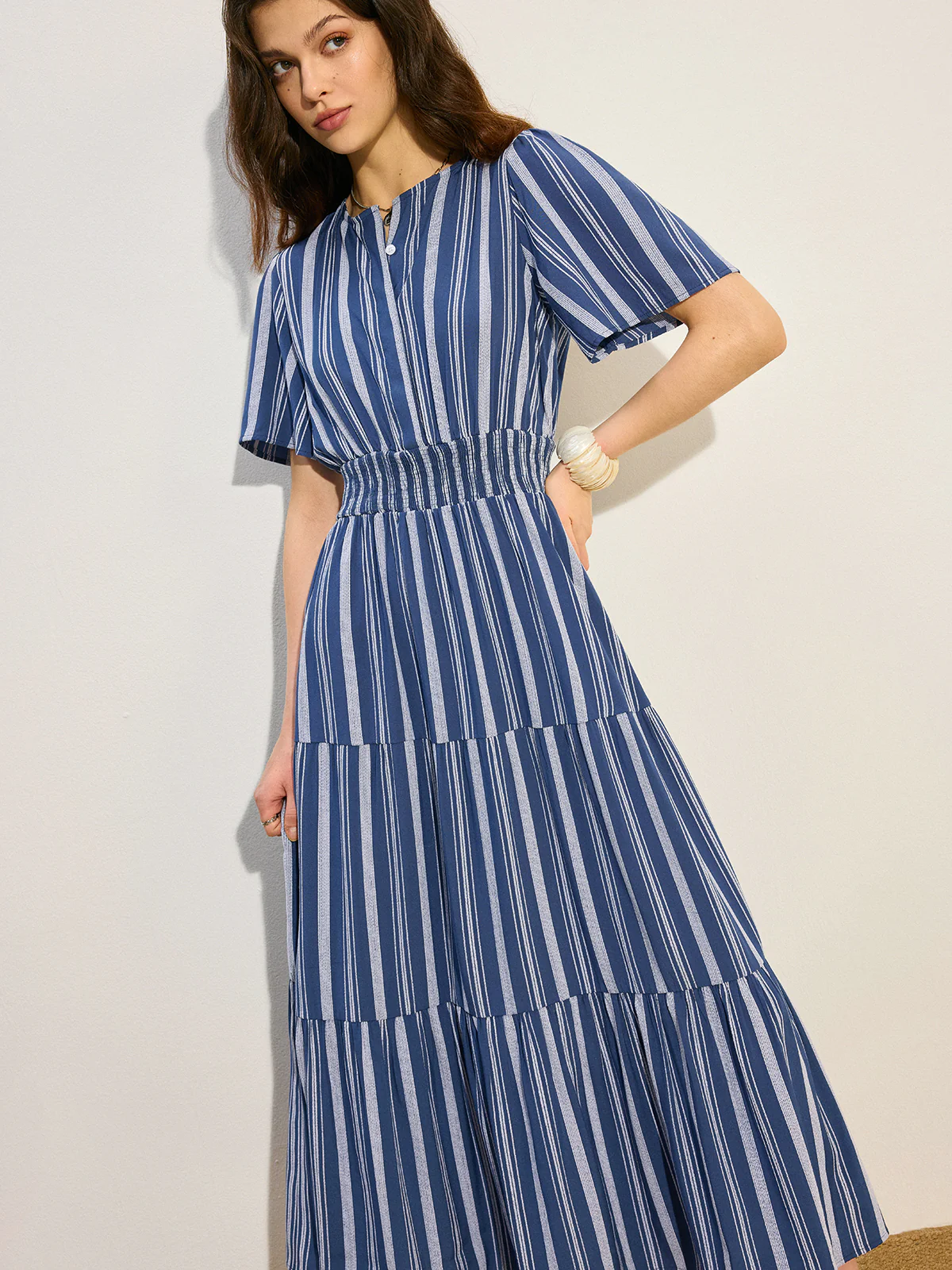 Striped Smocked Waist Tiered Maxi Dress - Wholesalesil