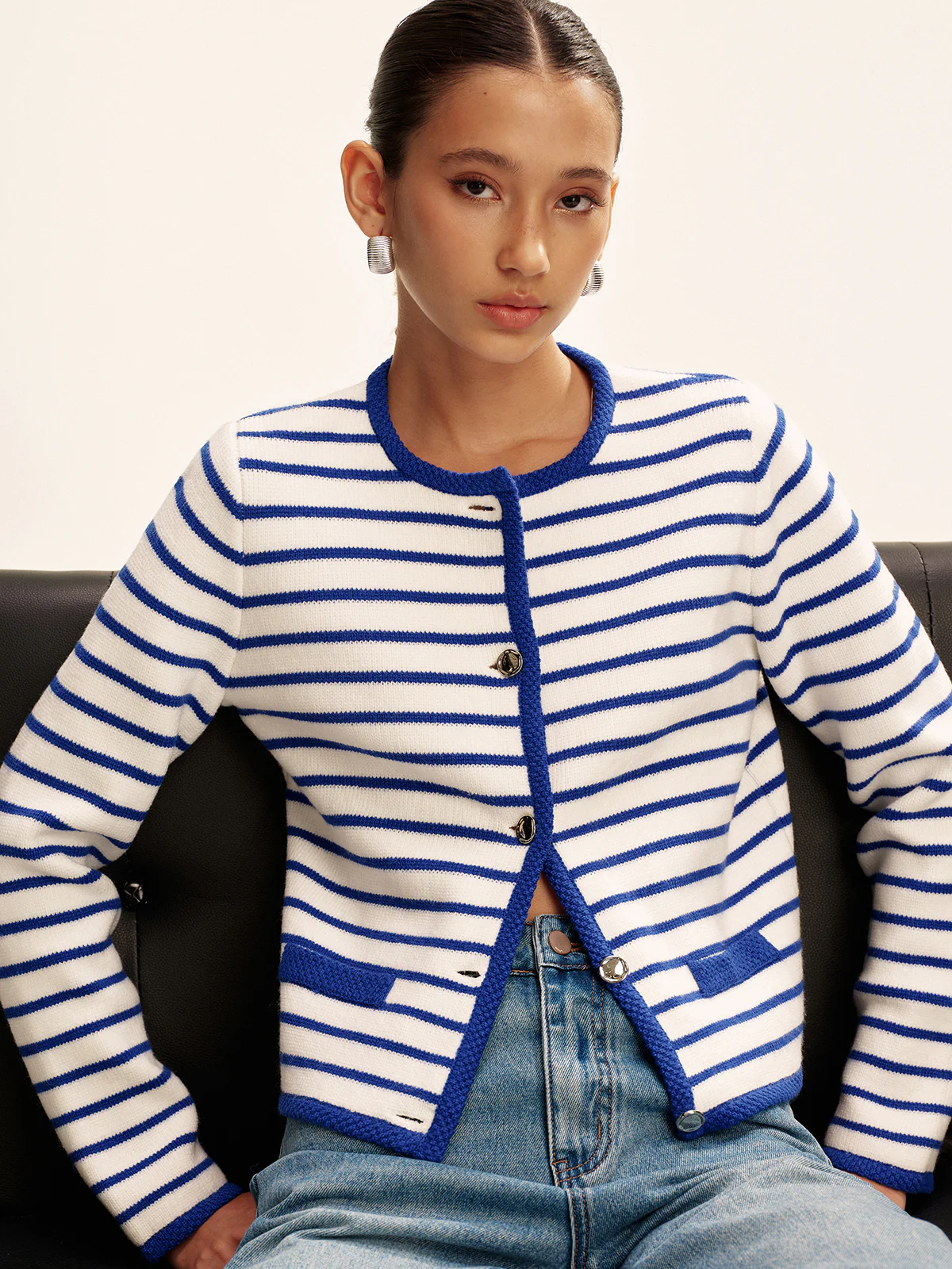 Striped Contrast Trim Knit Cardigan - Wholesalesil