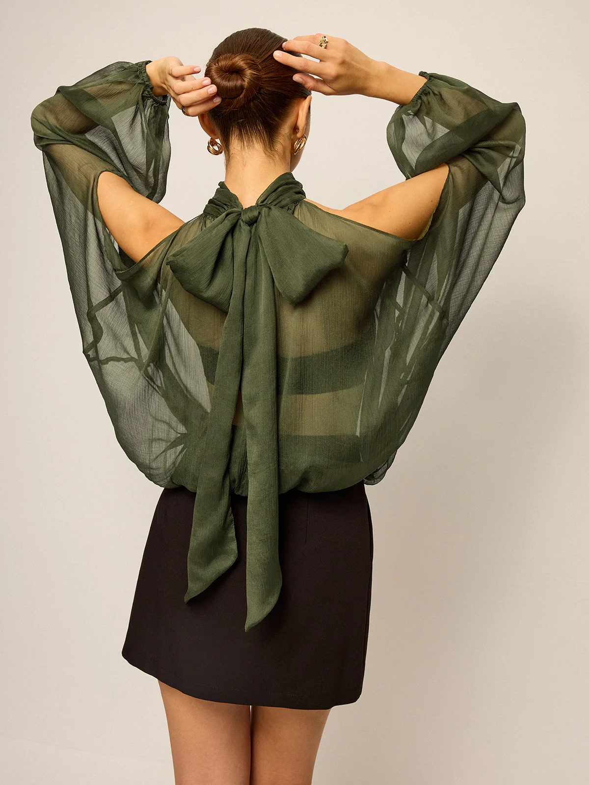 Sheer Halter Neck Cut-Out Sleeve Top with Bow Back - Wholesalesil