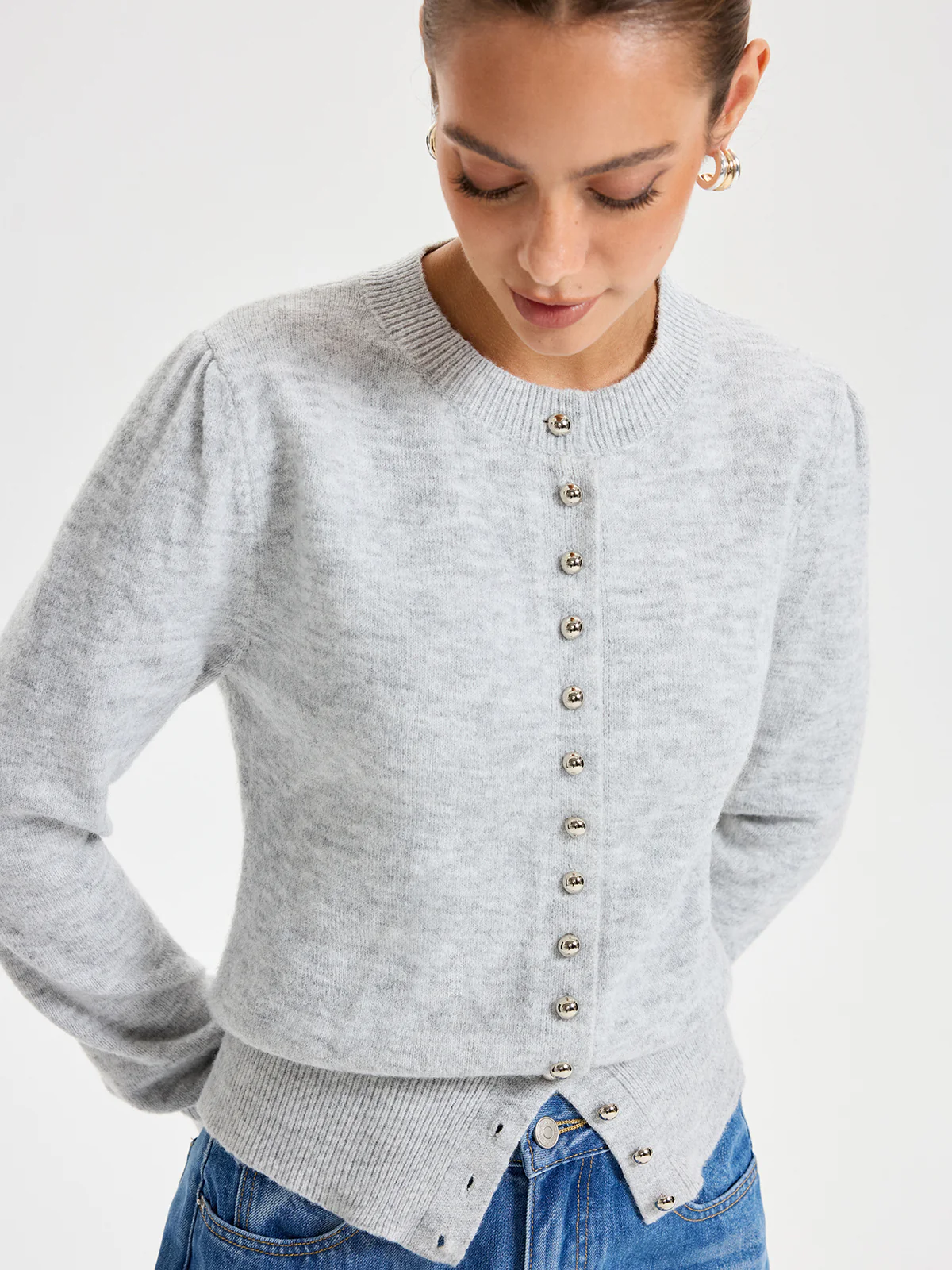 Buttoned Crew Neck Cardigan - Wholesalesil