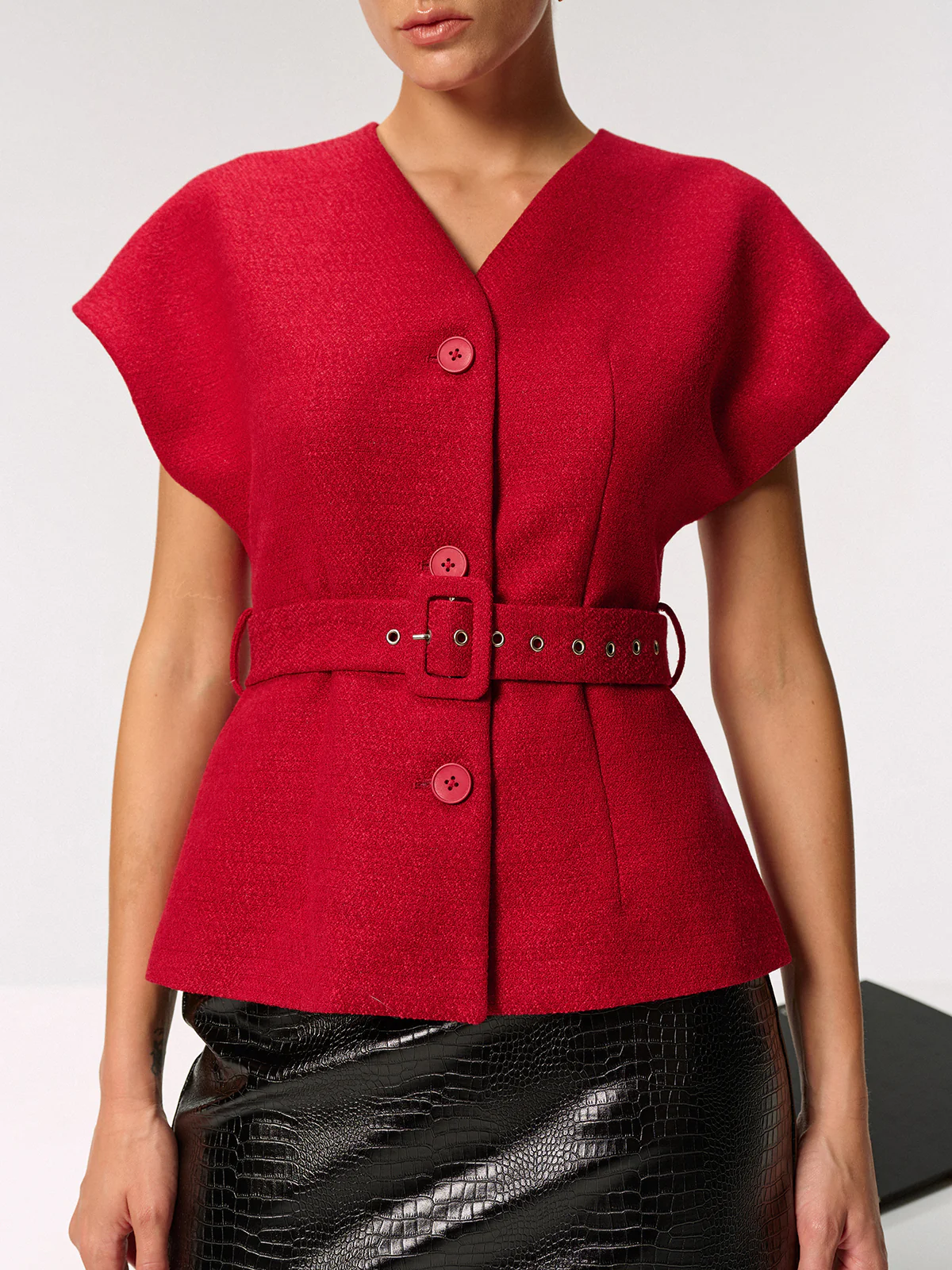 Tweed Belted Cap Sleeve Vest - Wholesalesil