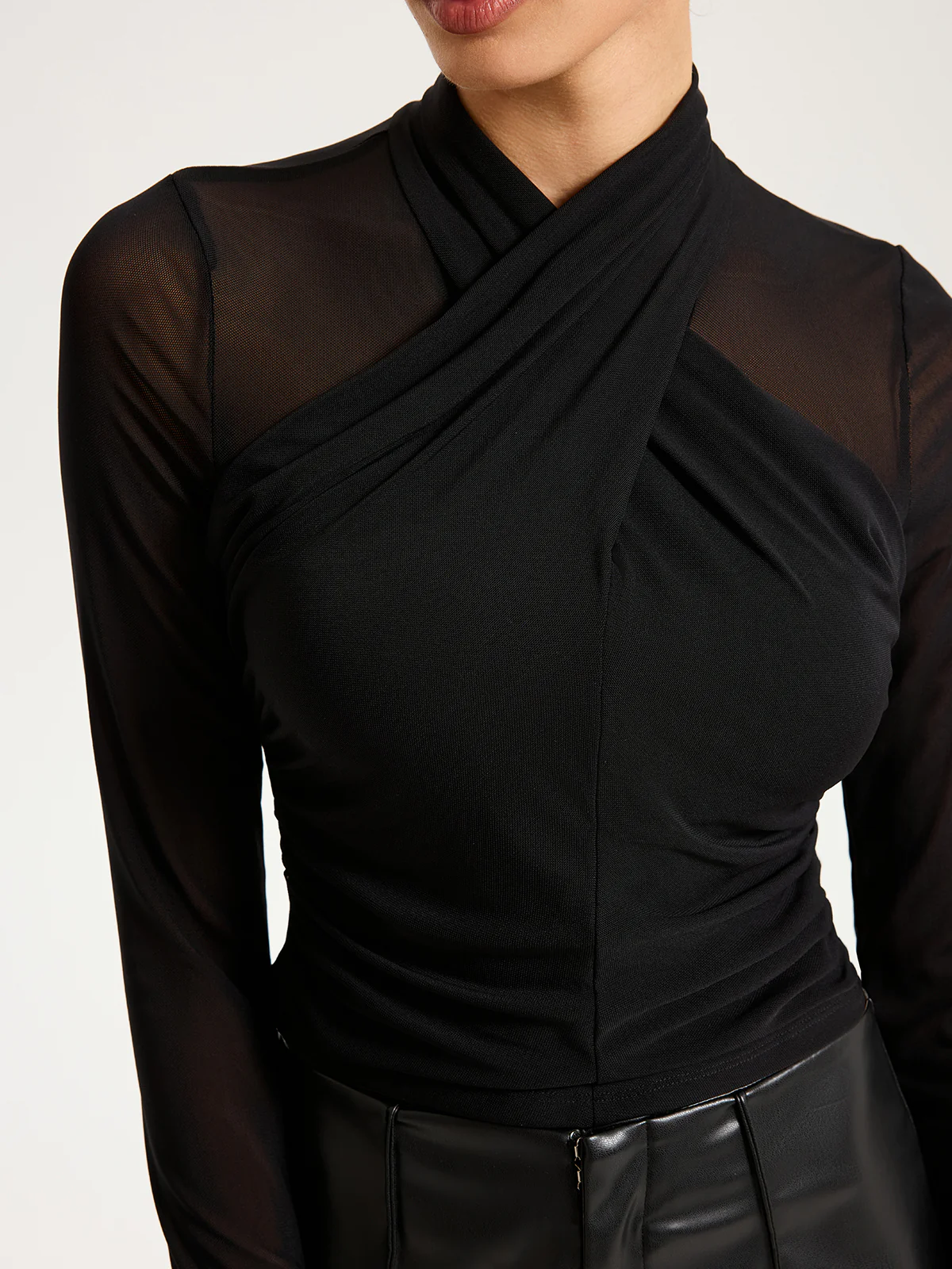 Cross-Front Sheer Mesh Long-Sleeve Top - Wholesalesil
