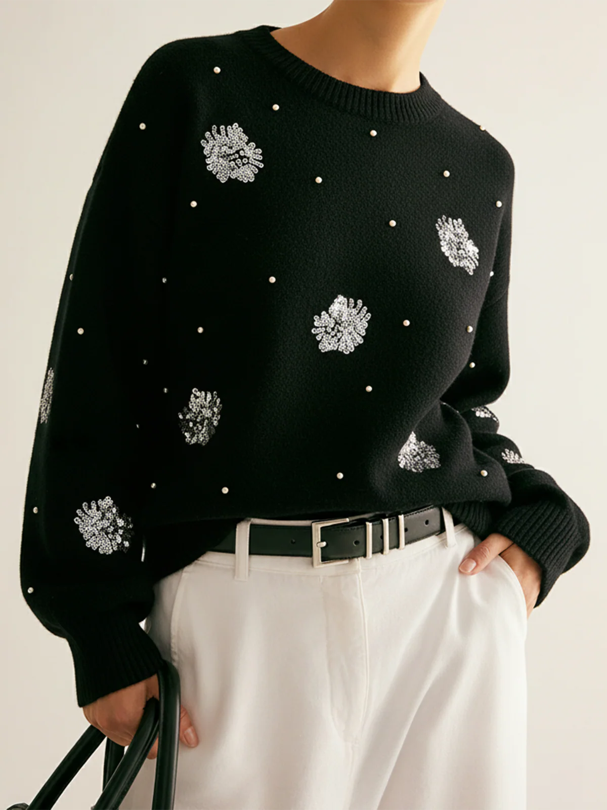 Sequin Floral & Pearl Accent Sweater - Wholesalesil