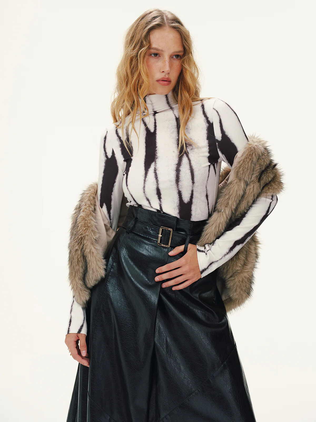 Zebra Print Turtleneck Long-Sleeve Top - Wholesalesil