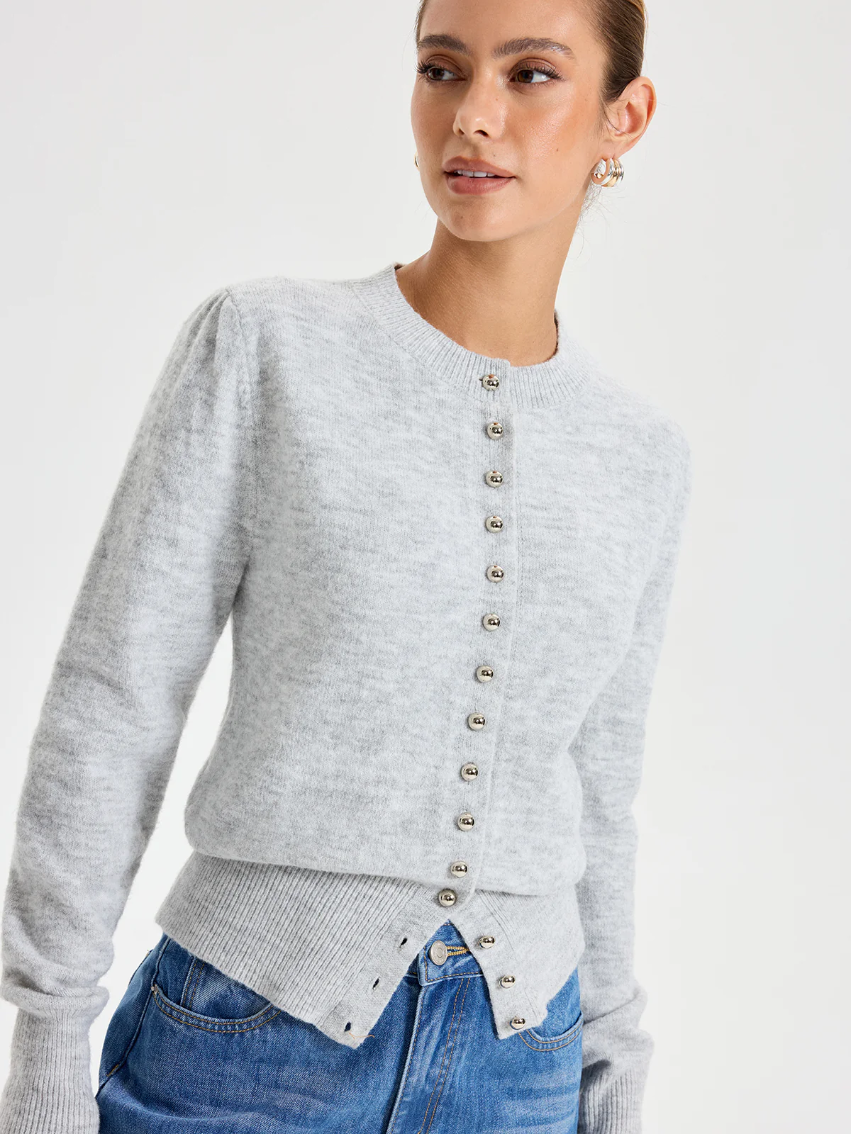 Buttoned Crew Neck Cardigan - Wholesalesil