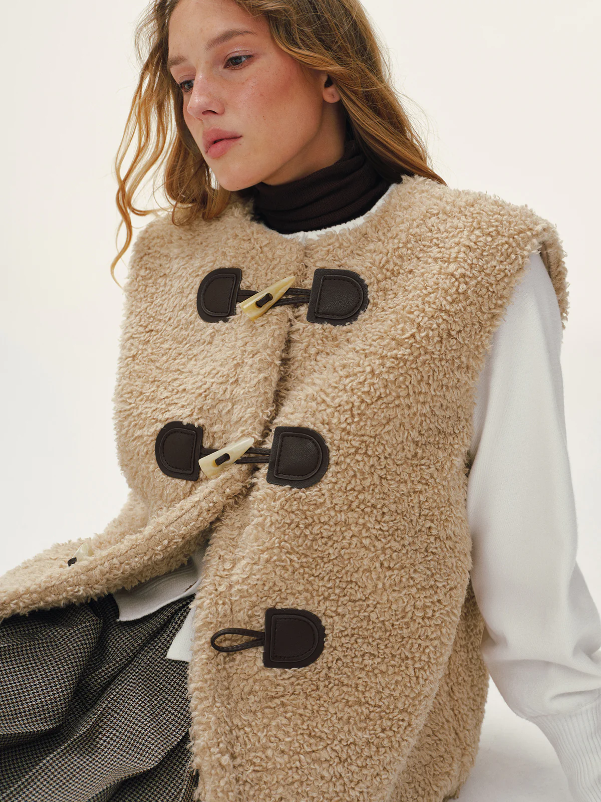 Faux Leather Buckle Fleece Sleeveless Vest - Wholesalesil