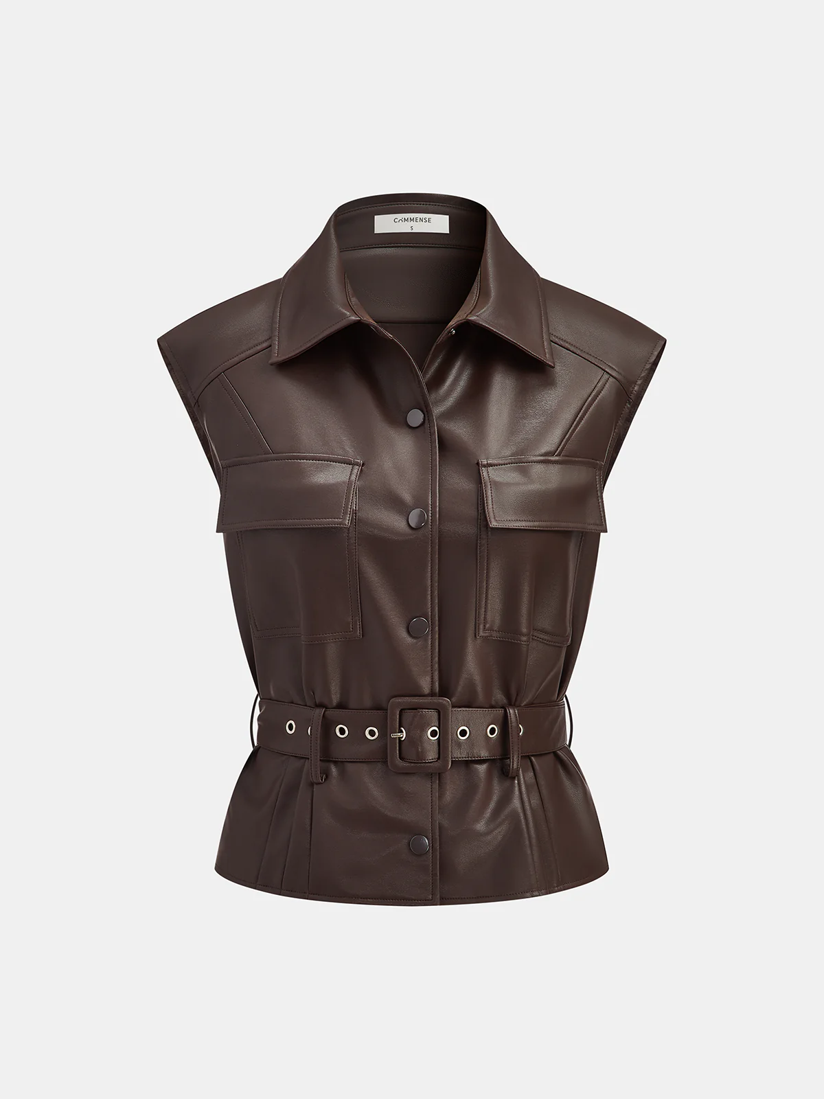 Collared Belted Faux Leather Vest - Wholesalesil