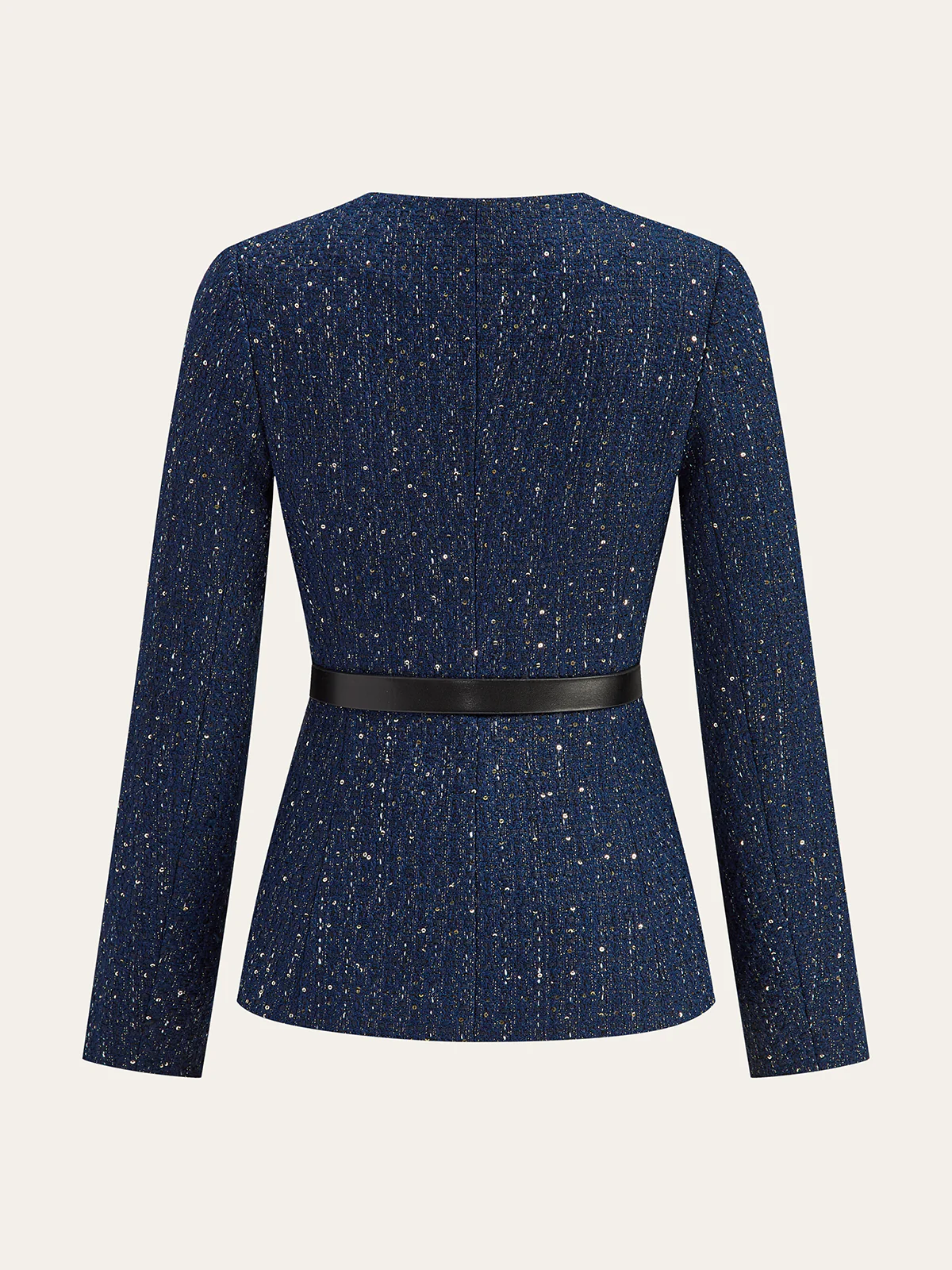 Metal Button Belted Tweed Jacket - Wholesalesil