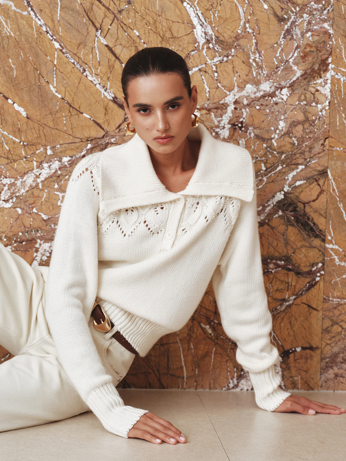 Eyelet Collared Knit Sweater - Wholesalesil