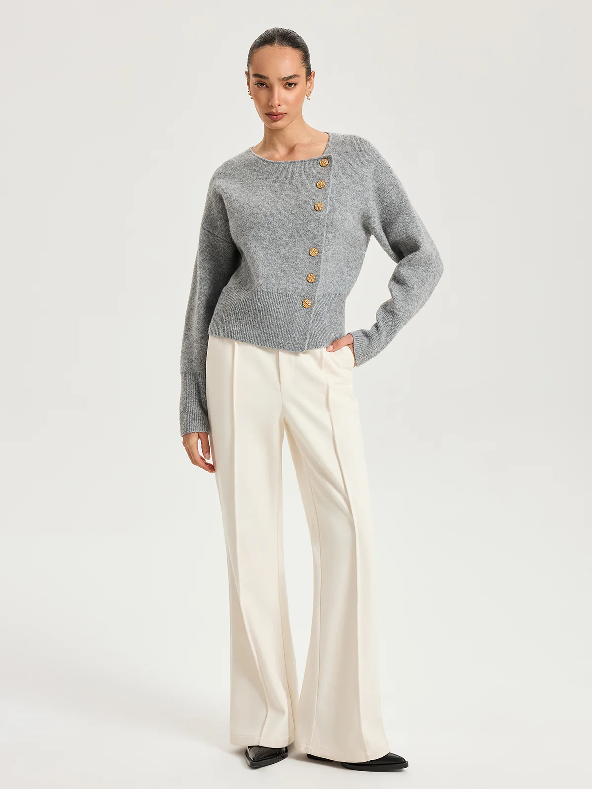 Asymmetric Metal Button Wool-Blend Cardigan - Wholesalesil