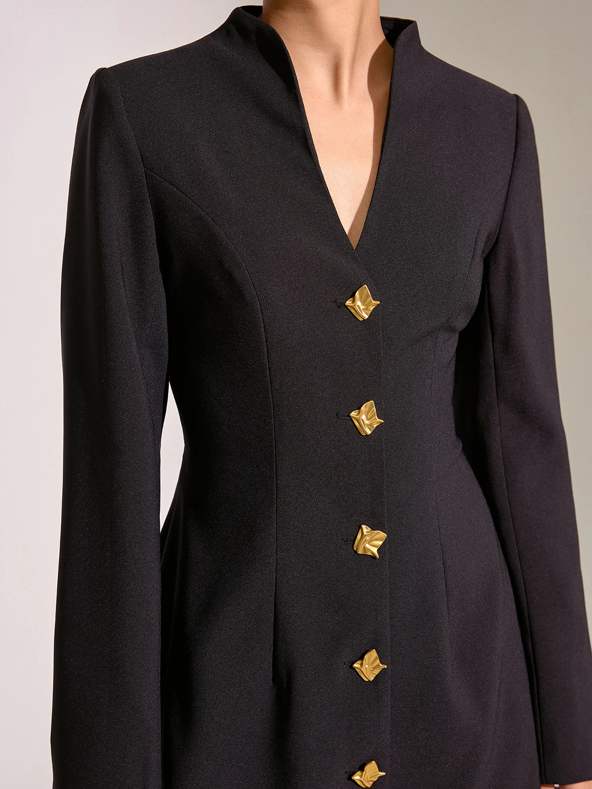 V-Neck Long Sleeve Metal Button Mini Dress - Wholesalesil