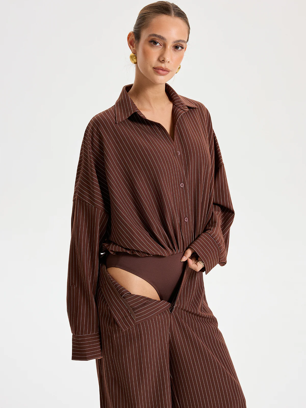 Shirt Collar Pinstripe Long Sleeve Bodysuit - Wholesalesil