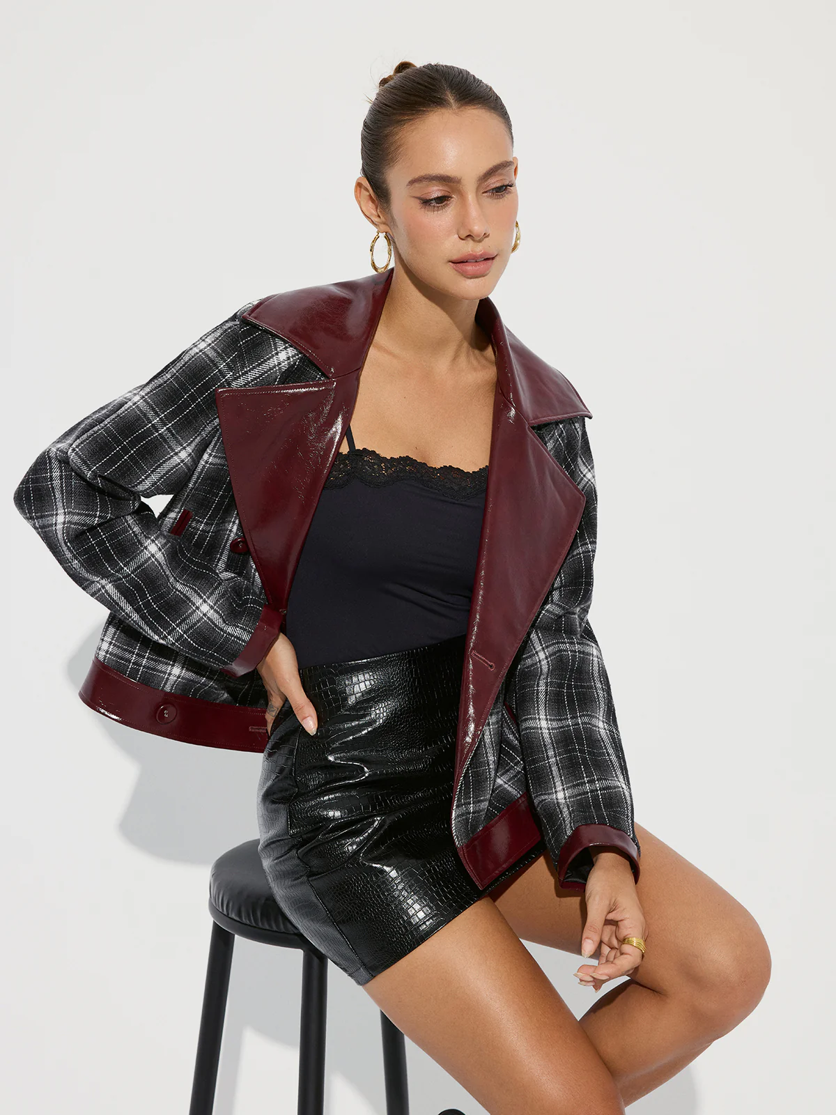 Faux Leather Panel Plaid Short Coat - Wholesalesil