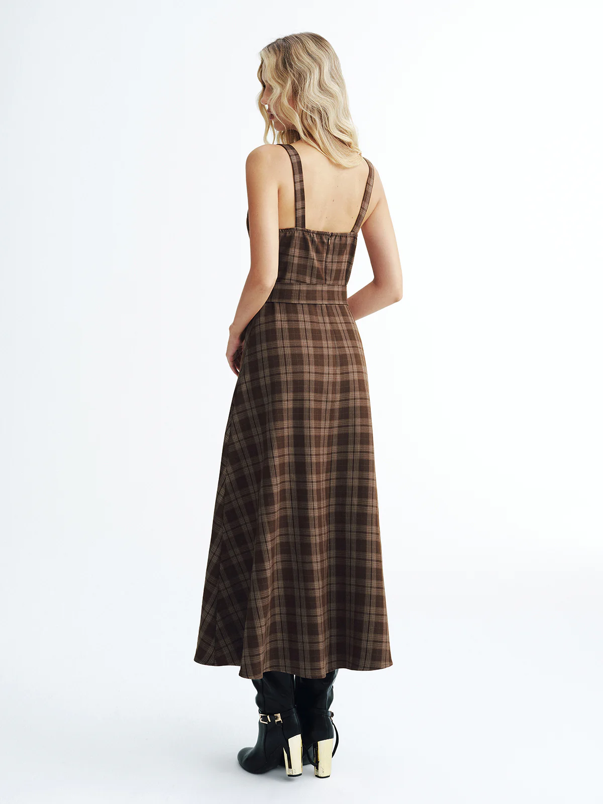Belted Plaid Strappy Maxi Dress - Wholesalesil