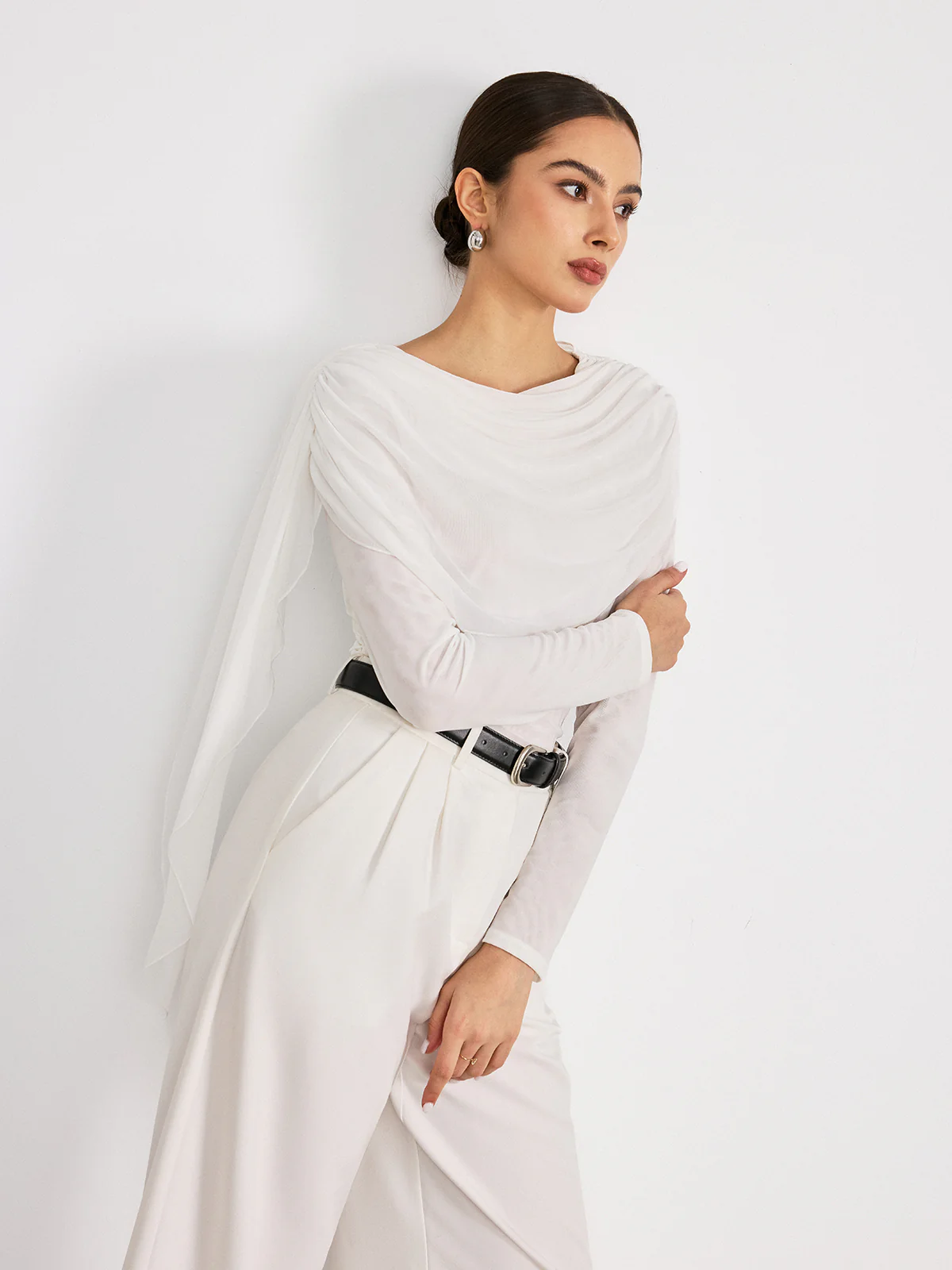 Draped Mesh Long Sleeve Blouse - Wholesalesil