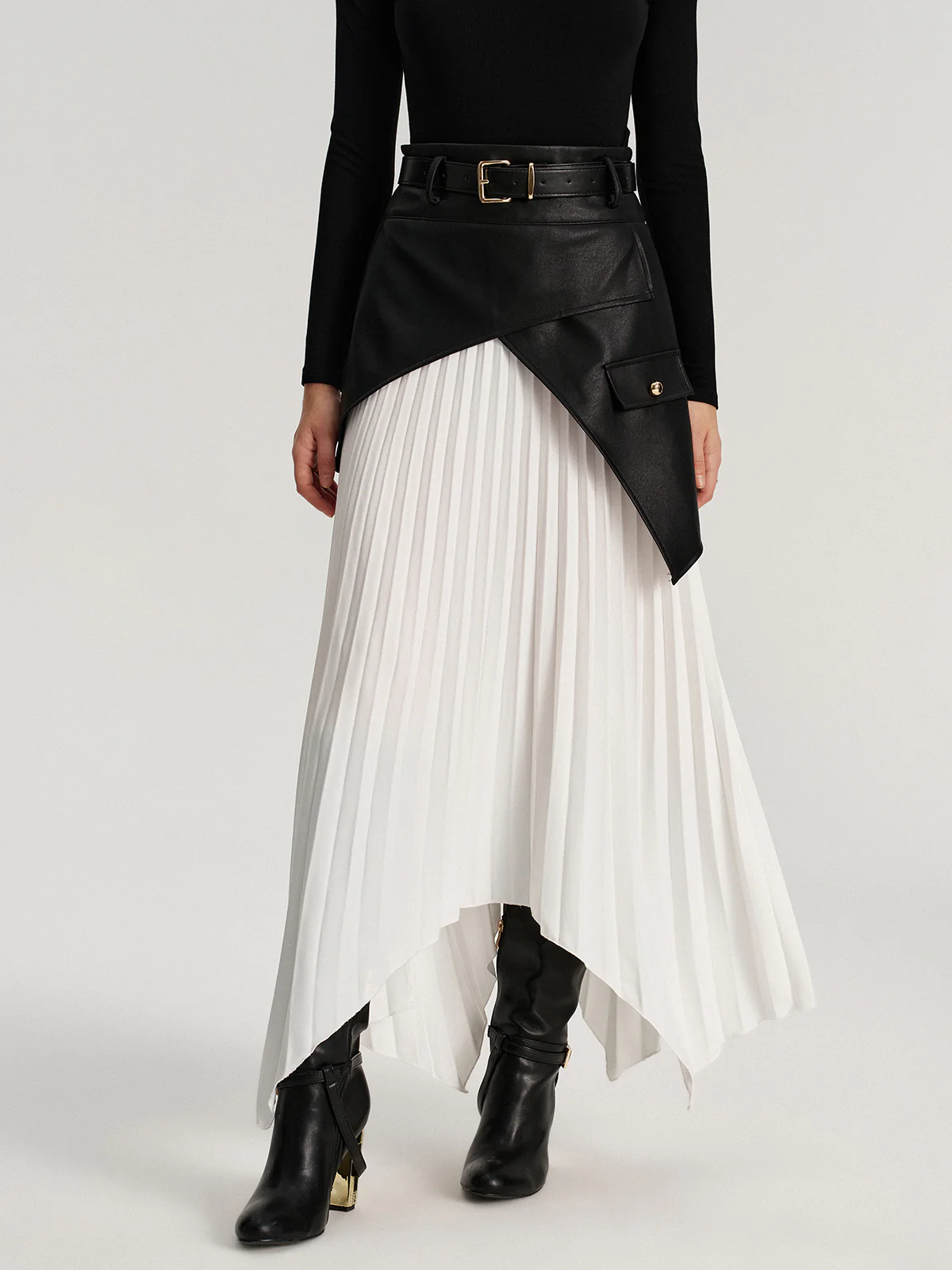 Belted Asymmetric Faux Leather Panel Pleated Maxi Skirt - Wholesalesil