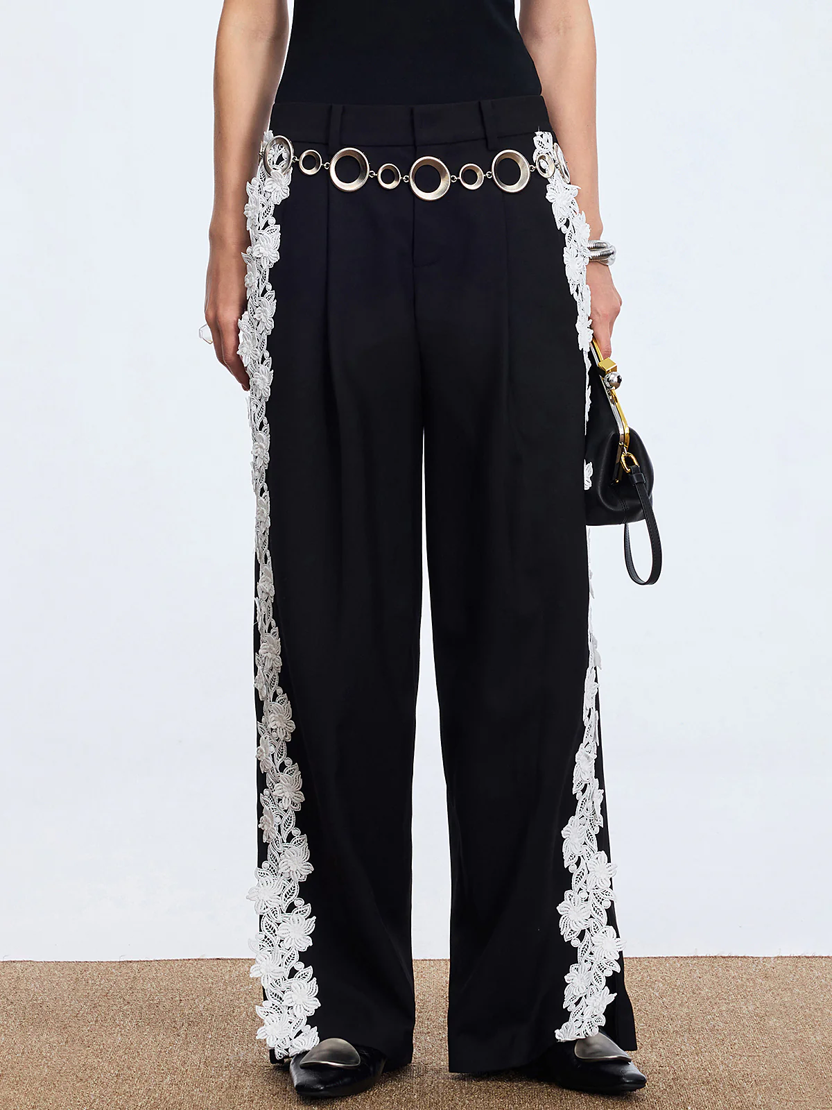 Lace Side Panel Wide-Leg Pants - Wholesalesil