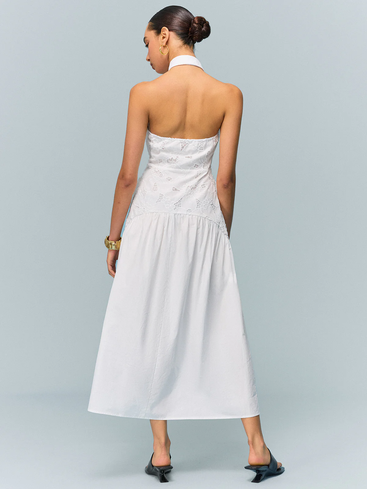 Pocketed Halter Neck Embroidered Dress with Non-Belted - Wholesalesil