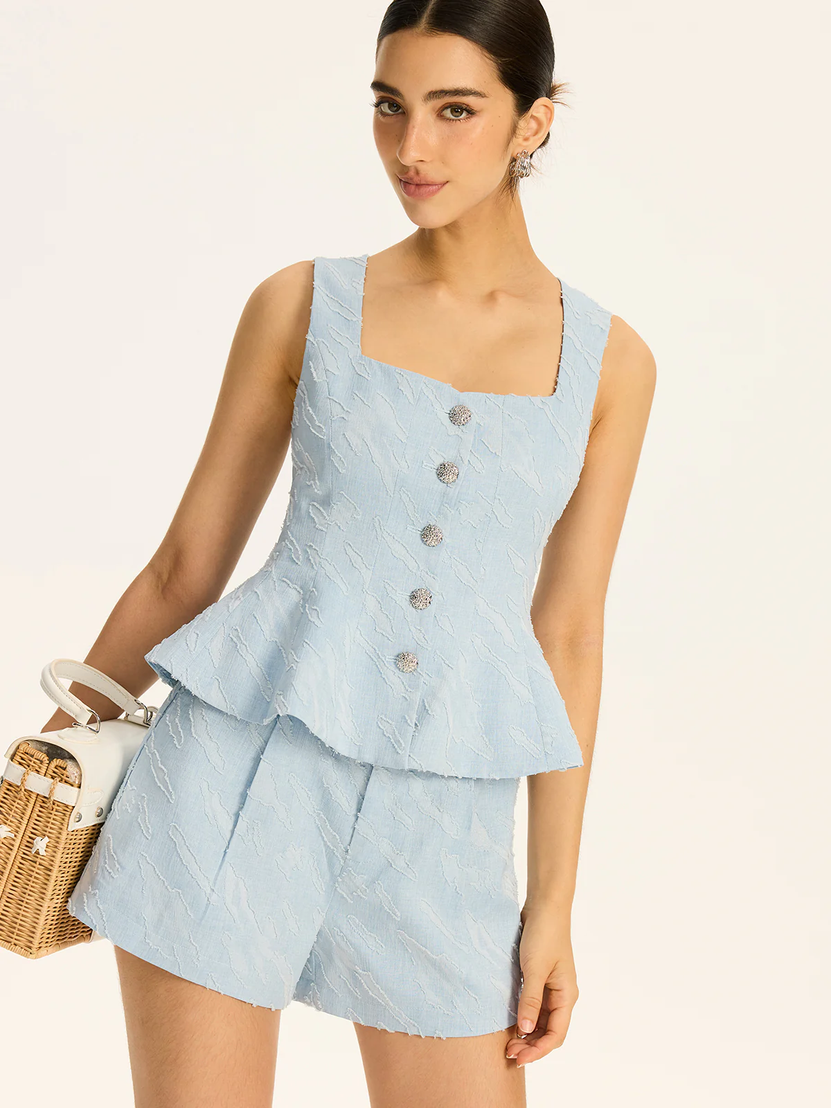 Textured Fabric Metal Button Peplum Vest - Wholesalesil