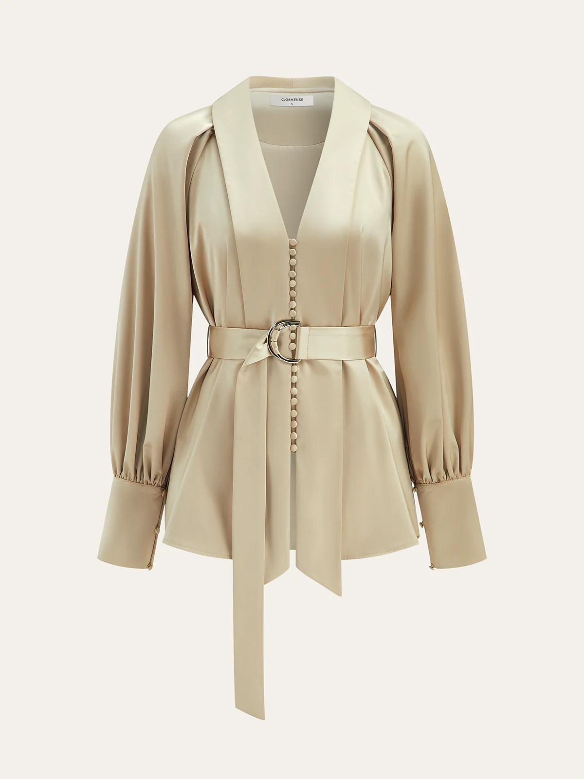 Belted Volume-Sleeve Jacket with Cloth Button - Wholesalesil