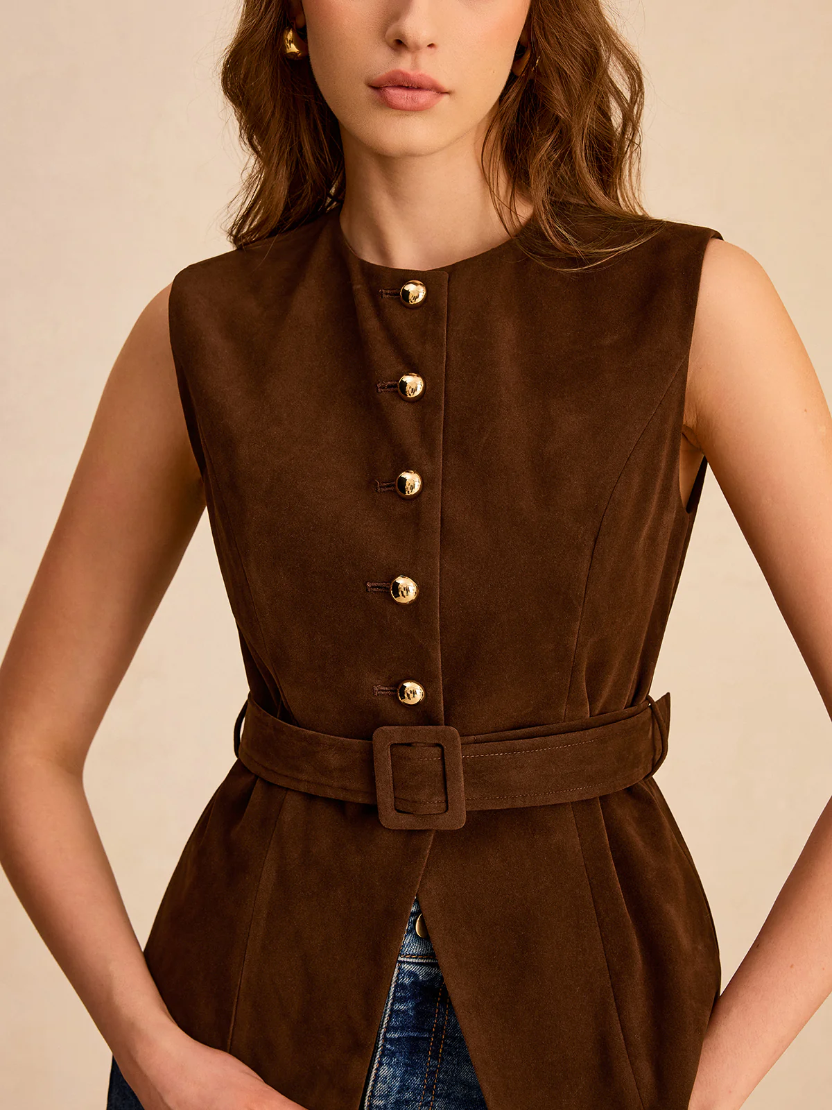 Suede Effect Vest with Belt - Wholesalesil