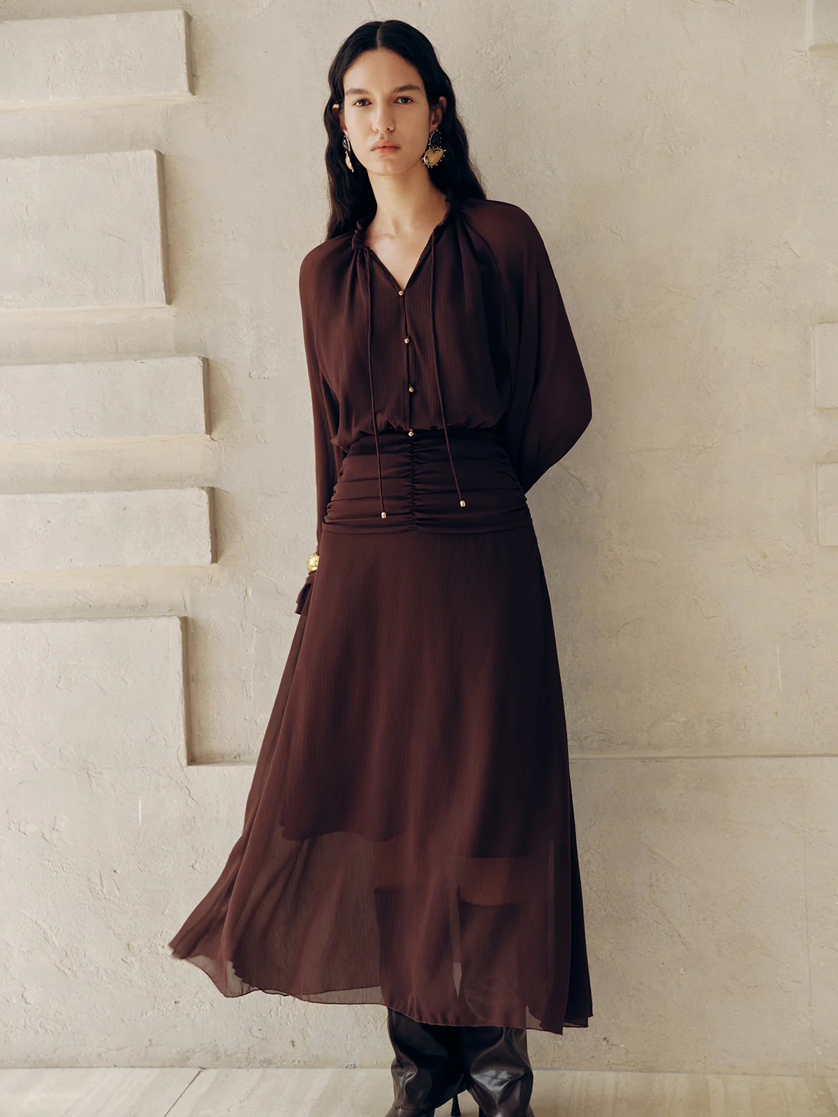 Tie-Neck Ruched Chiffon Maxi Dress - Wholesalesil