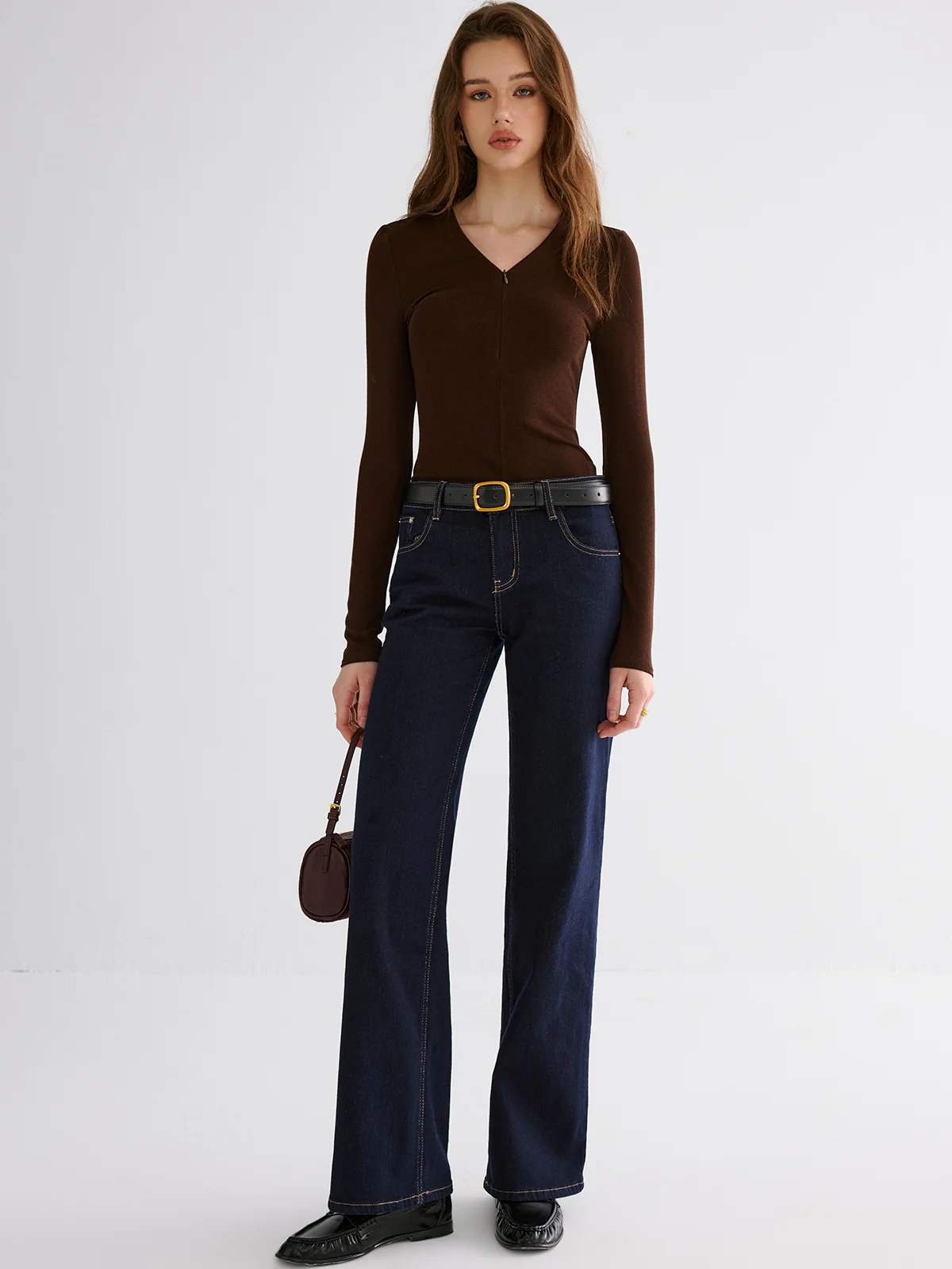 Minimal Zipper V-neck Long Sleeve Top - Wholesalesil