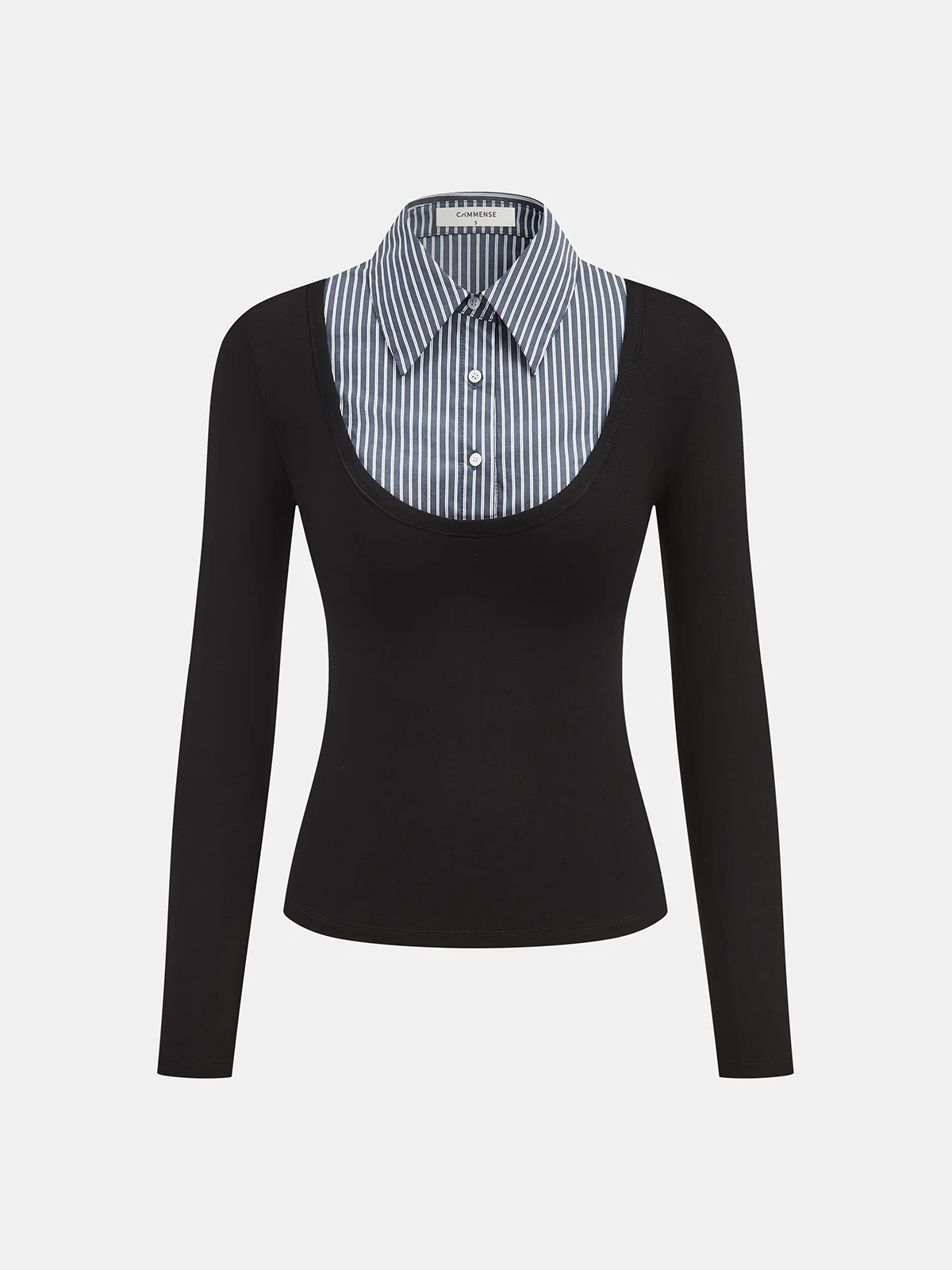 Striped Shirt Panel Long-Sleeve Knit Top - Wholesalesil