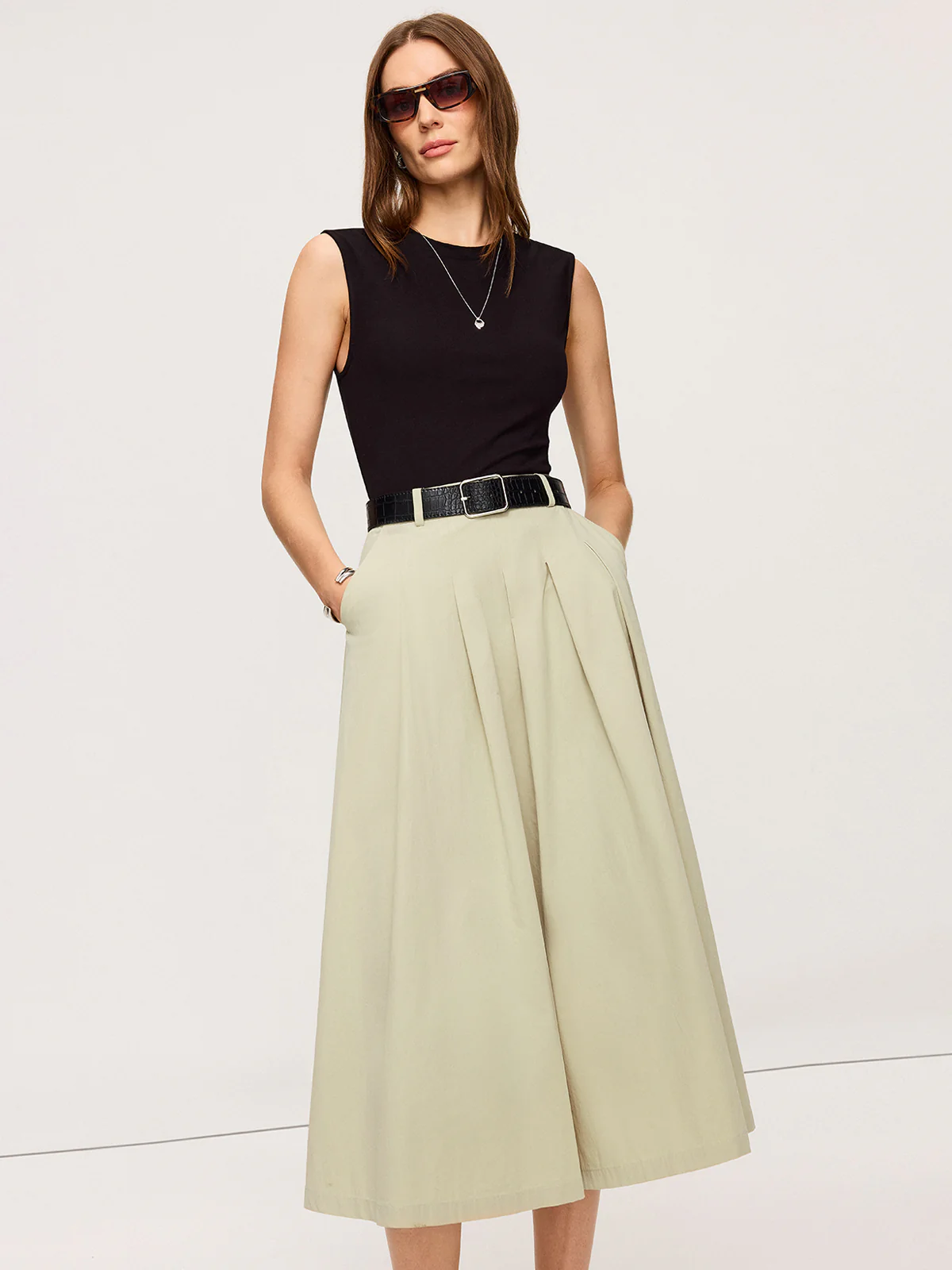 Belted Pleated Two-Tone Midi Dresses - Wholesalesil