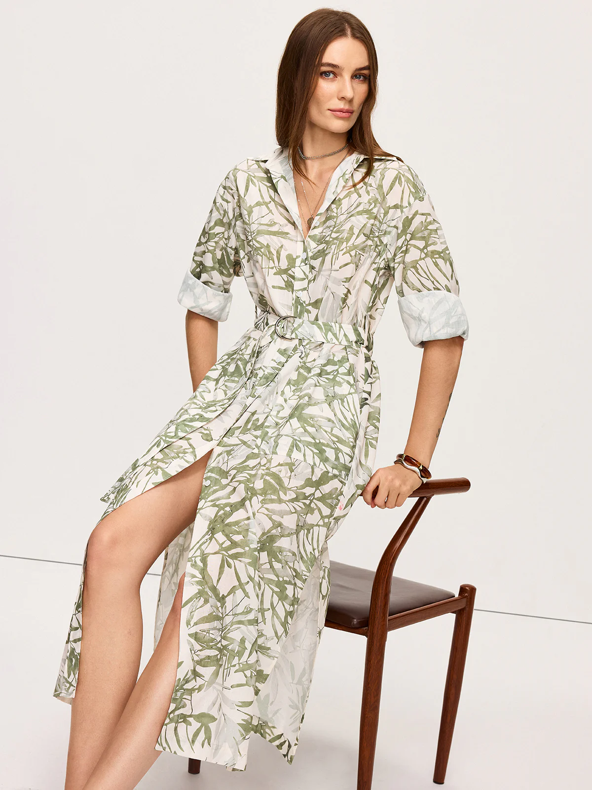 Leaf Printed  Belted Midi Dress with Slits - Wholesalesil