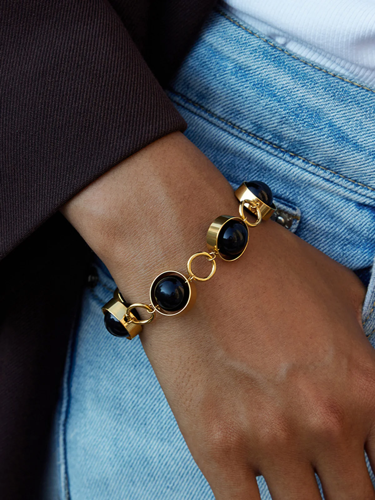 Rotatable Black Bead Toggle-Clasp Bracelet - Wholesalesil