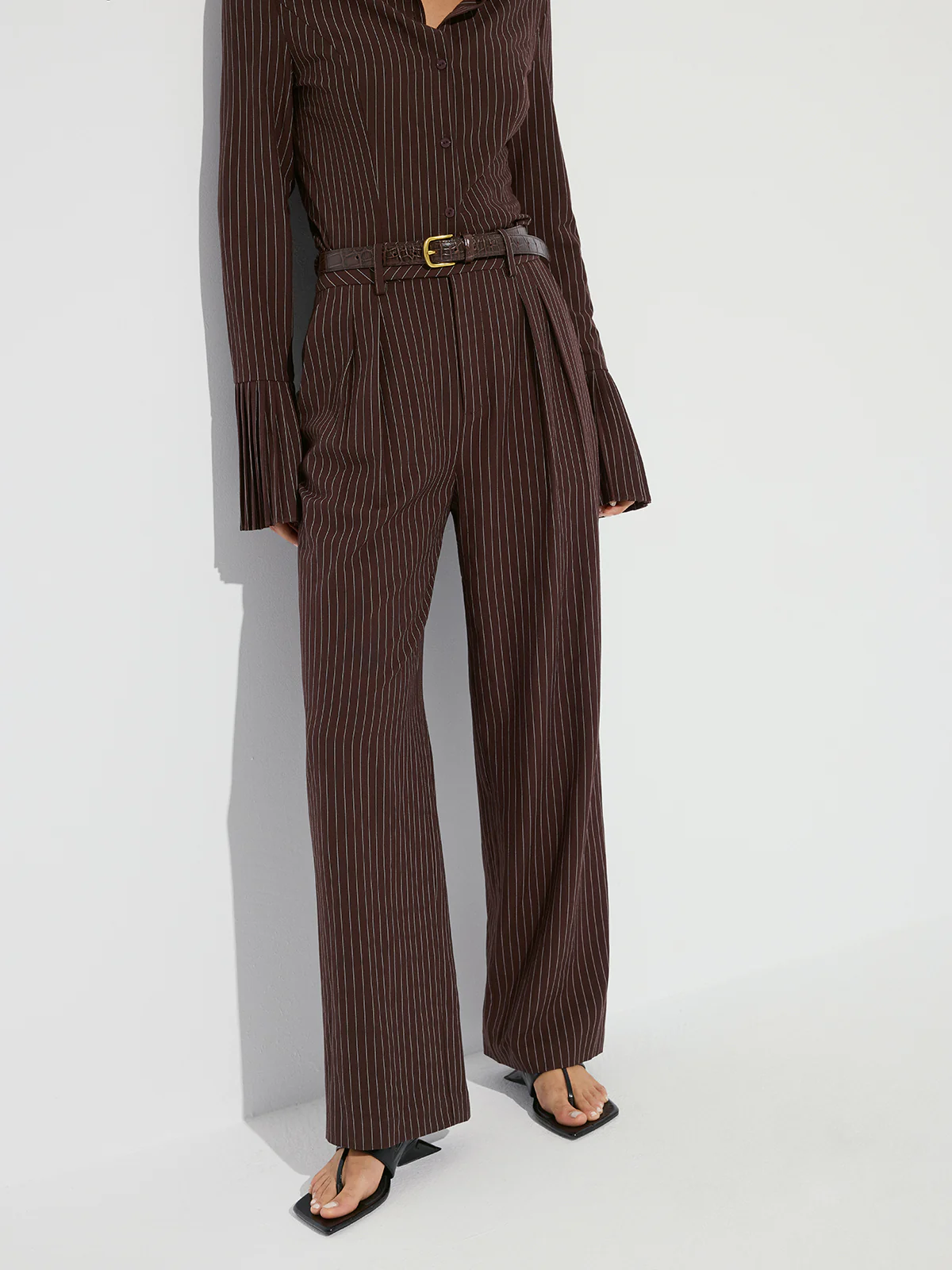 Striped Pleated Wide-Leg Pants without Belt - Wholesalesil