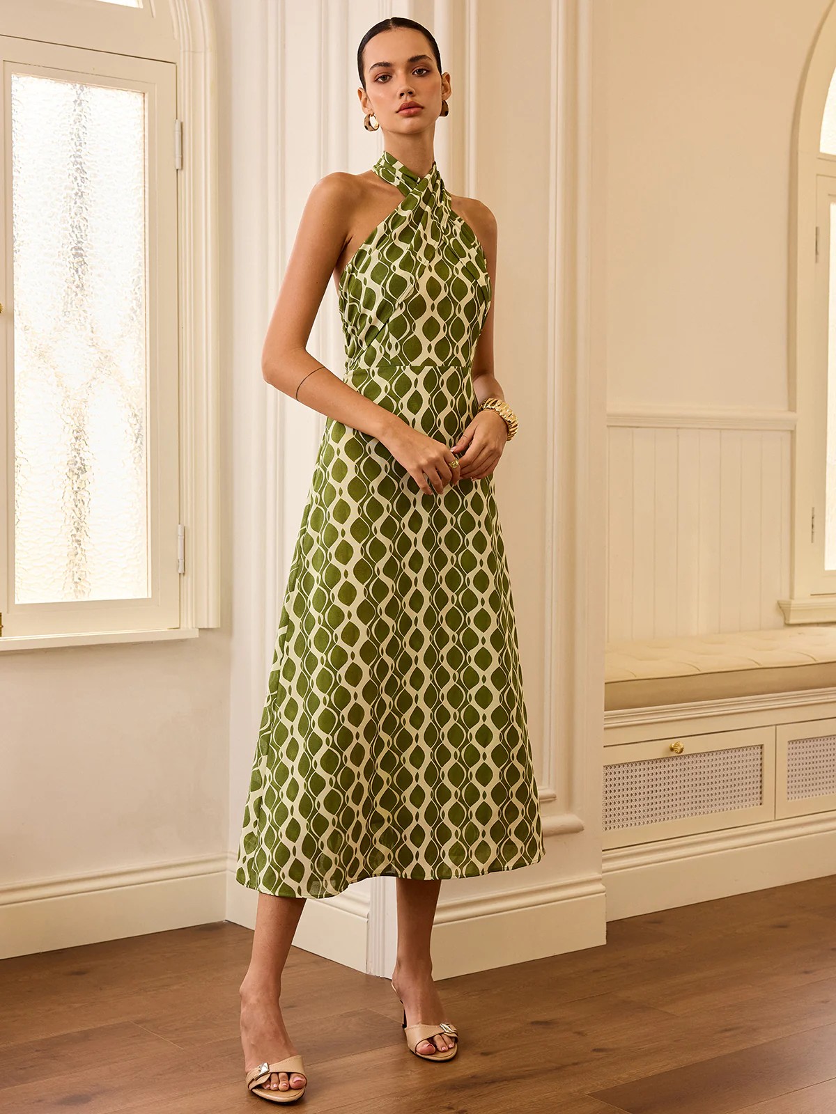 Halter Neck Printed Midi Dress - Wholesalesil