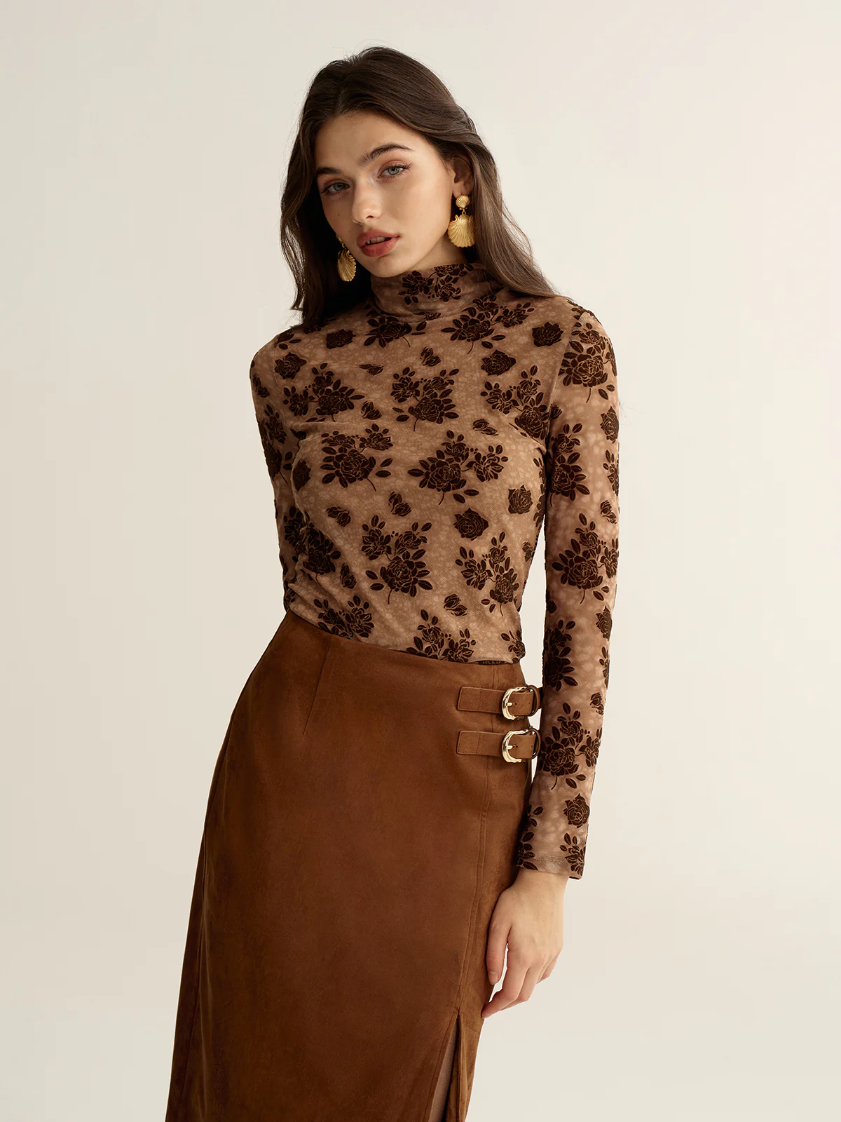 Floral Mesh Mock Neck Long Sleeve Top - Wholesalesil