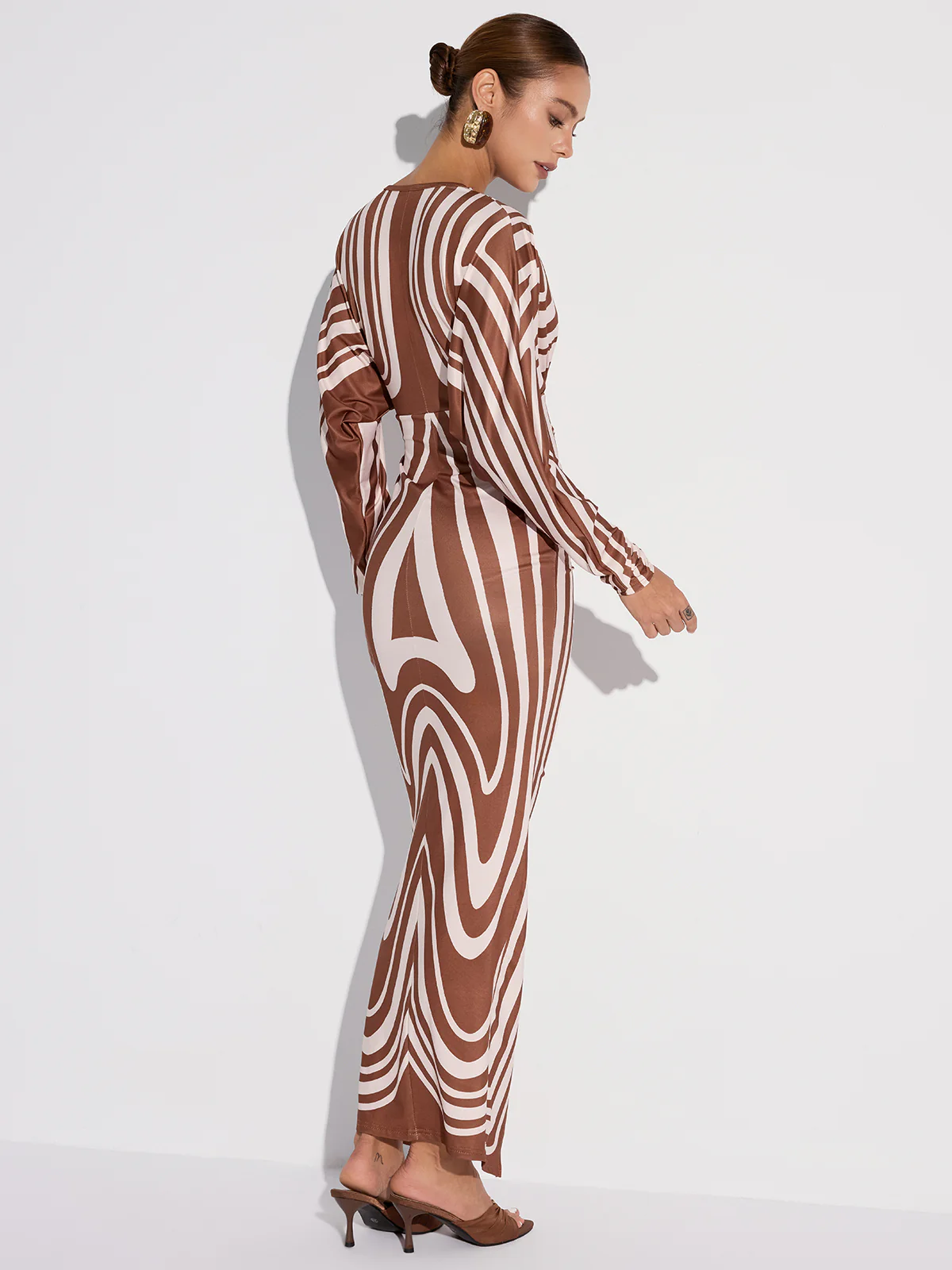 Striped Plunge Neck Slit Midi Dress without Belt - Wholesalesil