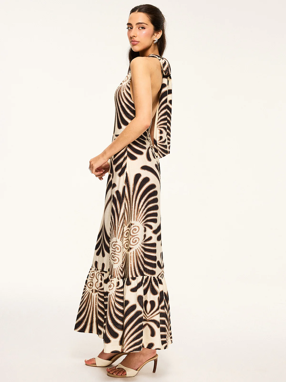 Printed Halter Backless Maxi Dress - Wholesalesil